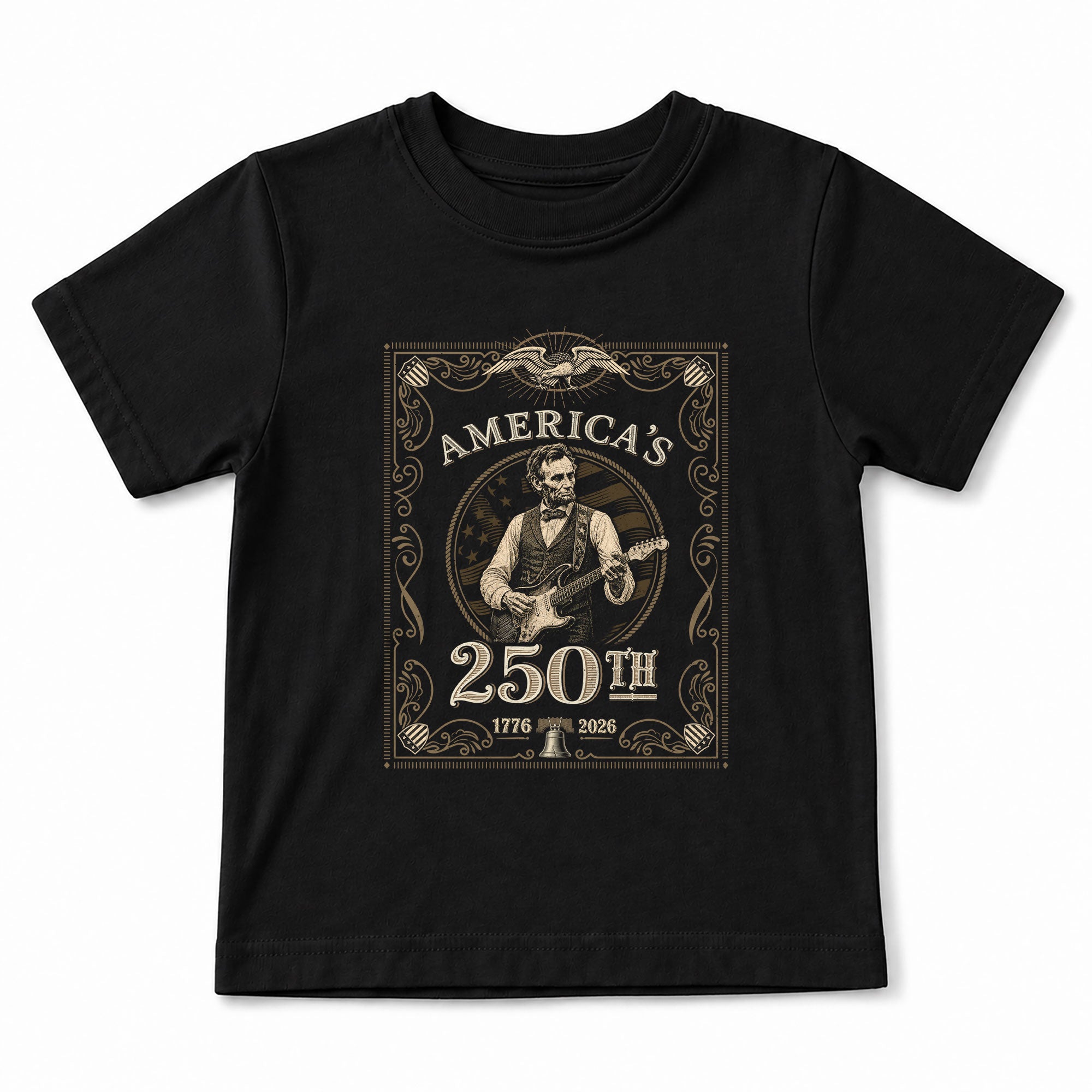 Kids America's 250th Anniversary T-Shirt 1776–2026 Lincoln Guitar Patriotic Tee