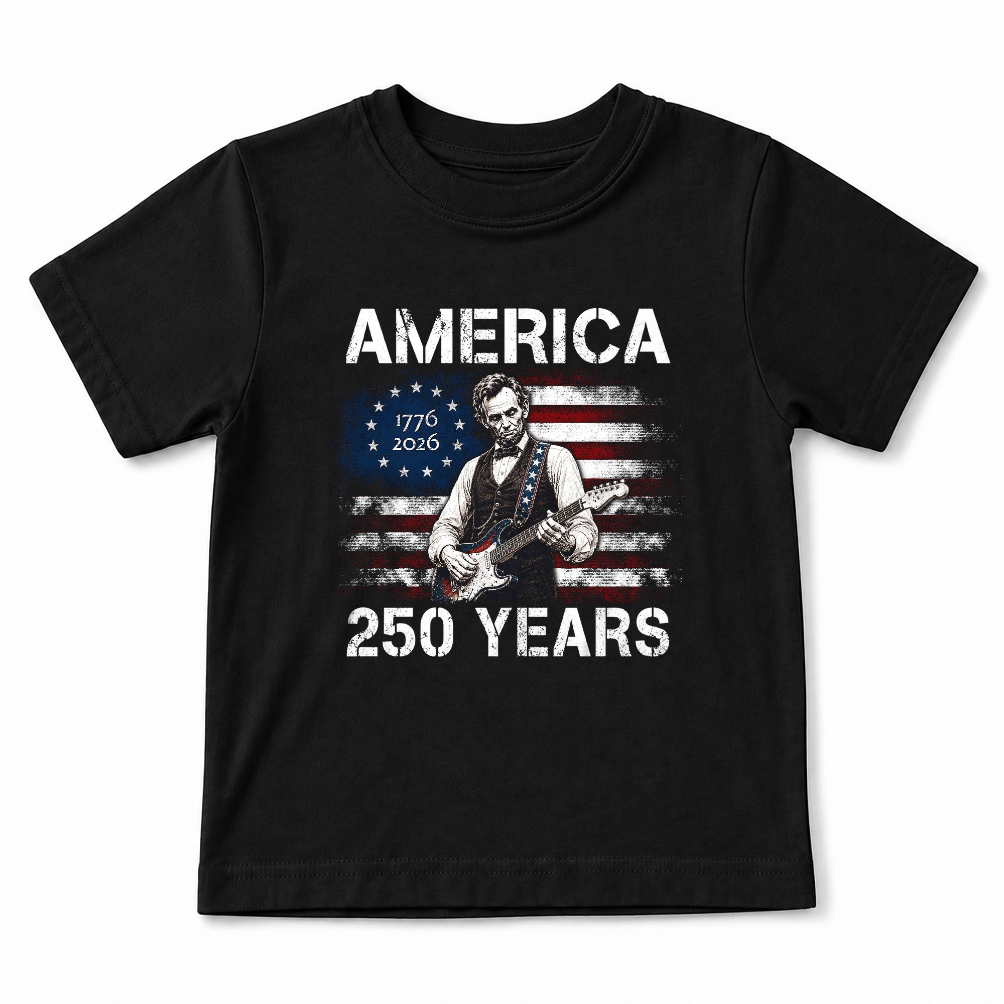 Kids America 250 Years T-Shirt 1776–2026 Lincoln Guitar Patriotic Youth Tee