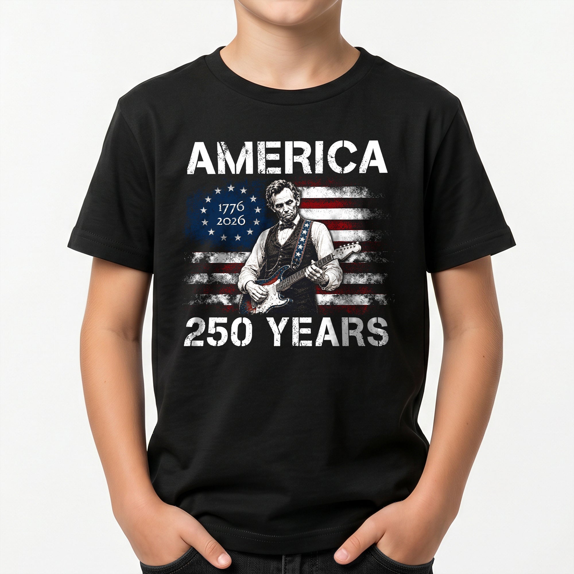 Kids America 250 Years T-Shirt 1776–2026 Lincoln Guitar Patriotic Youth Tee