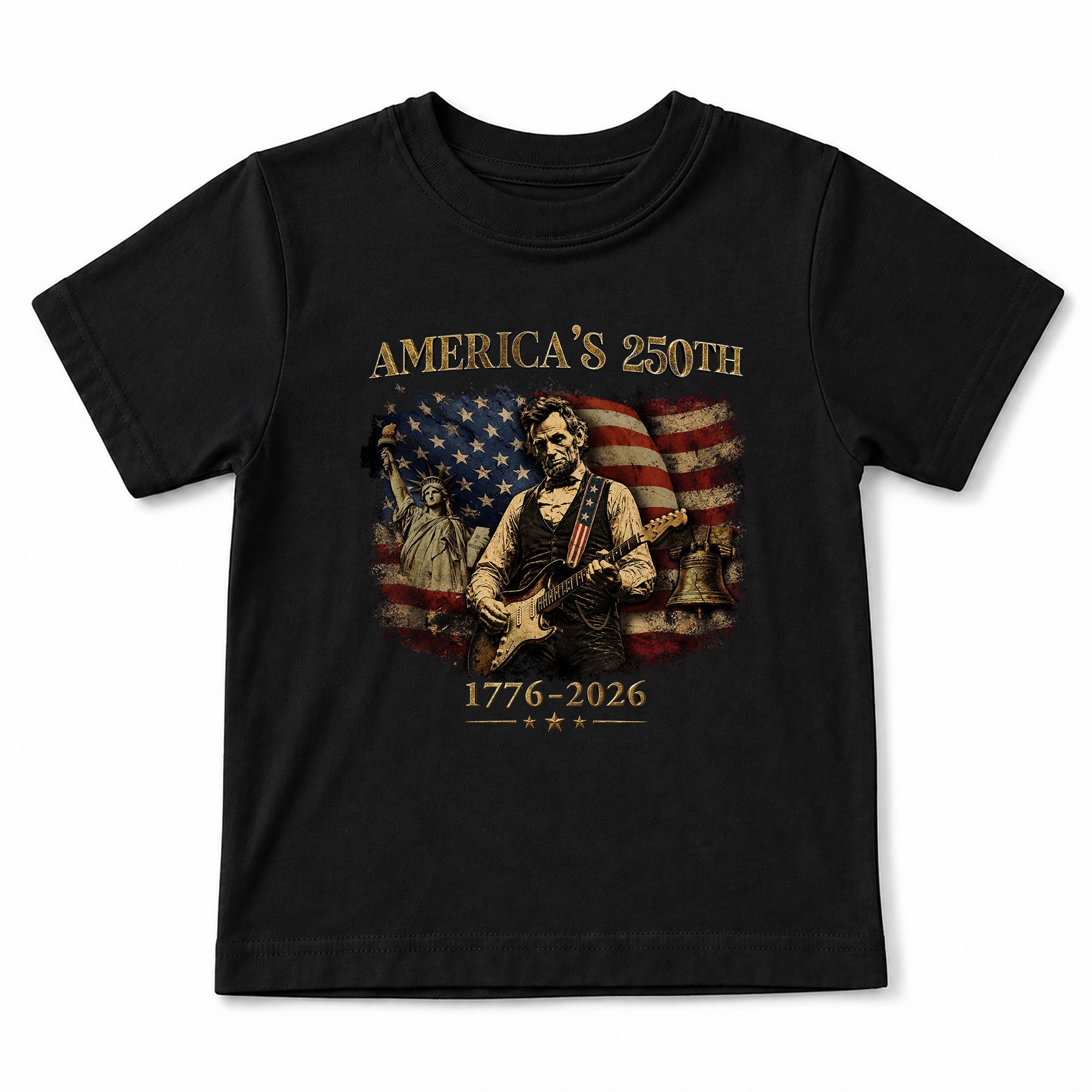 Kids America's 250th Anniversary T-Shirt 1776–2026 Lincoln Patriotic Guitar Tee