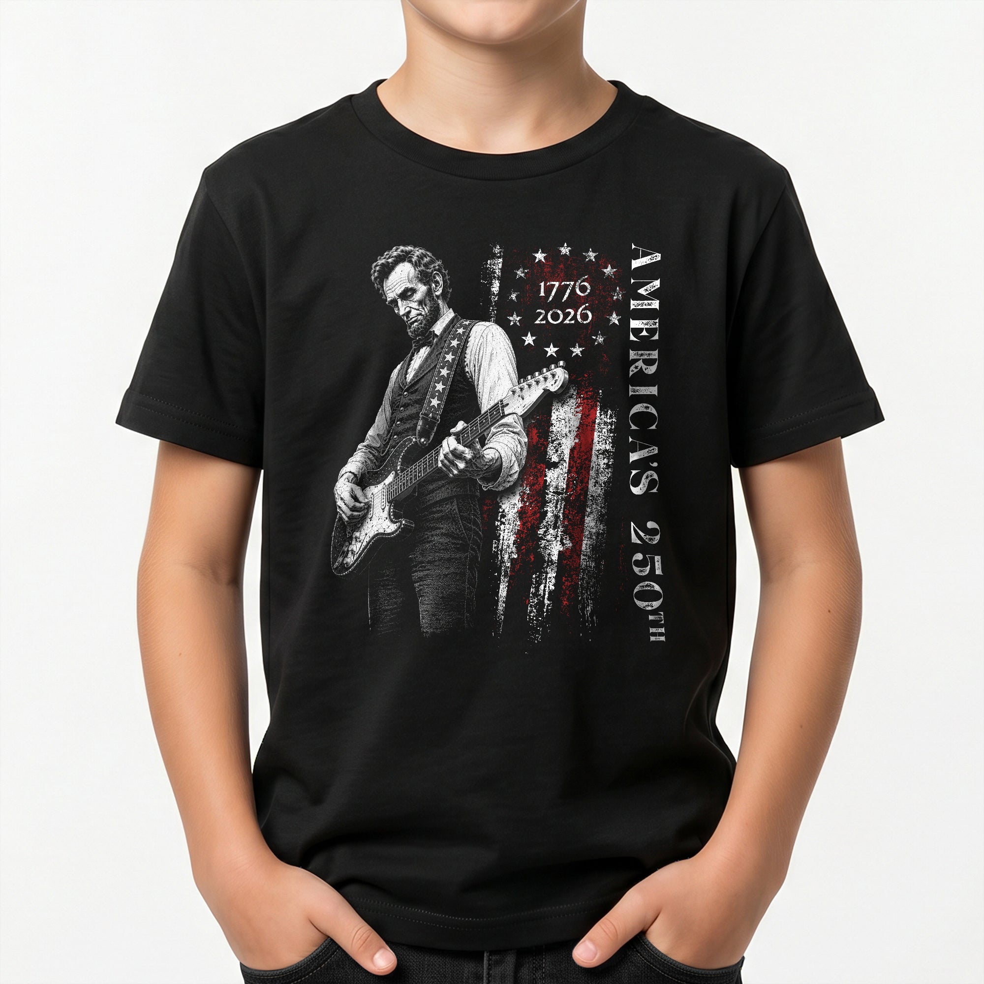 America's 250th Anniversary Kids Shirt 1776–2026 Lincoln Guitar Freedom Tee