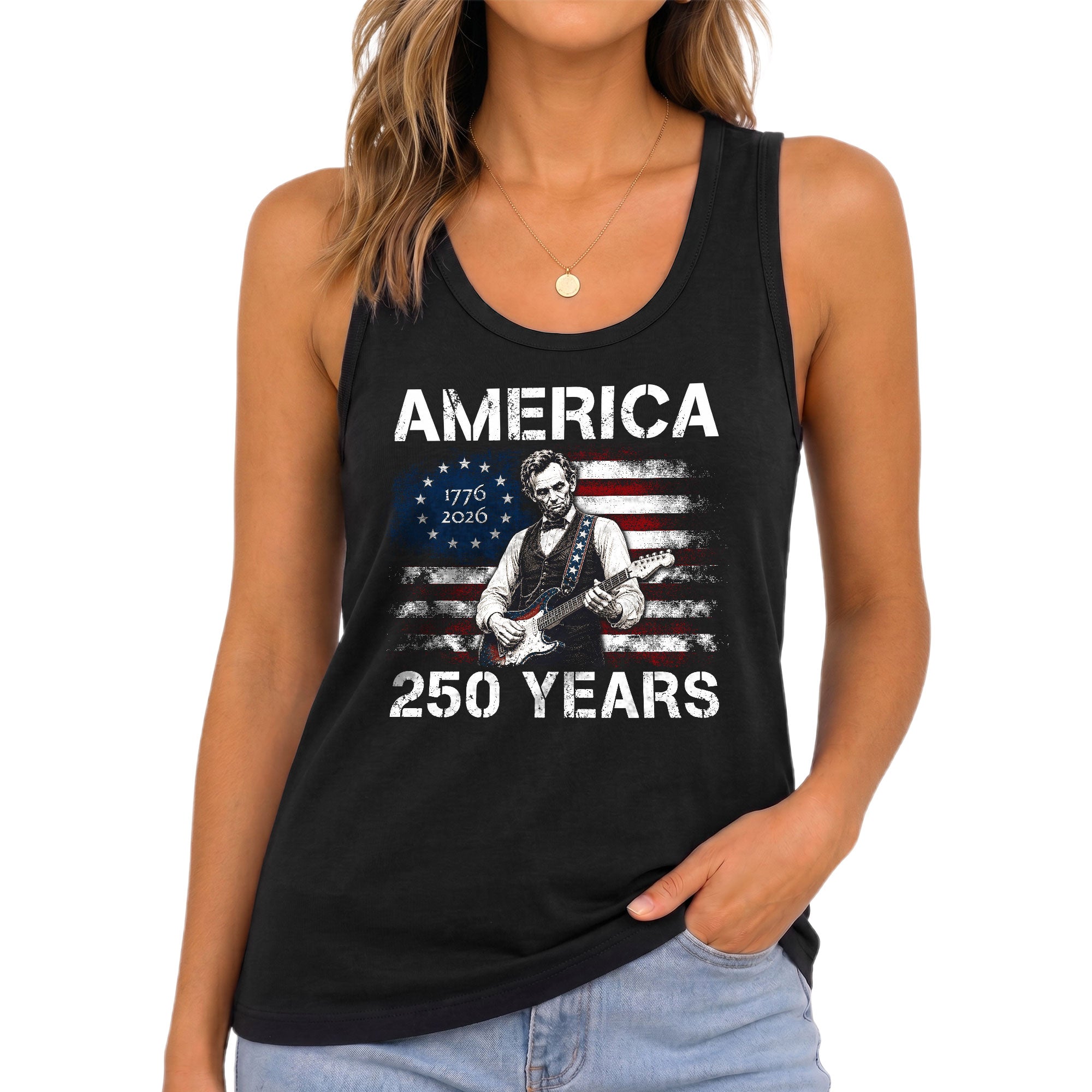 250 Years Tank Top Women America Lincoln Guitar Betsy Ross Flag Patriotic US Shirt