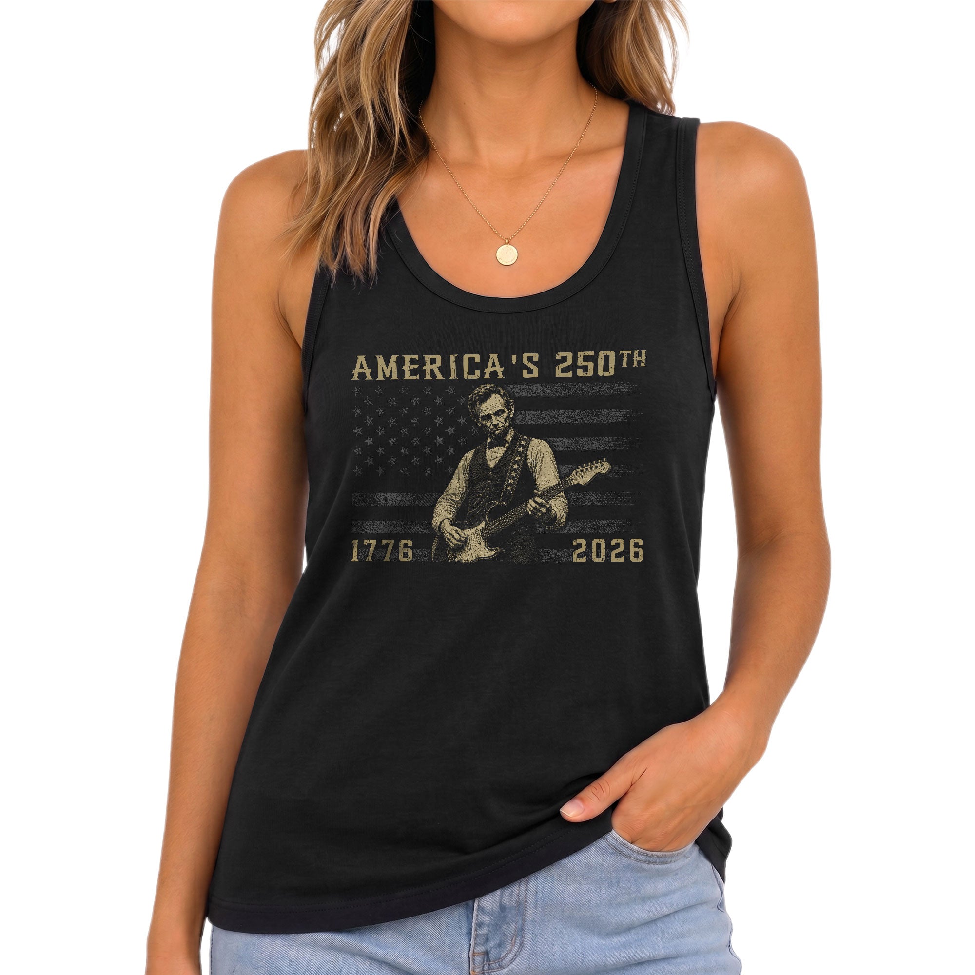 250th Tank Top Women America Lincoln Guitar Distressed US Flag Patriotic Shirt