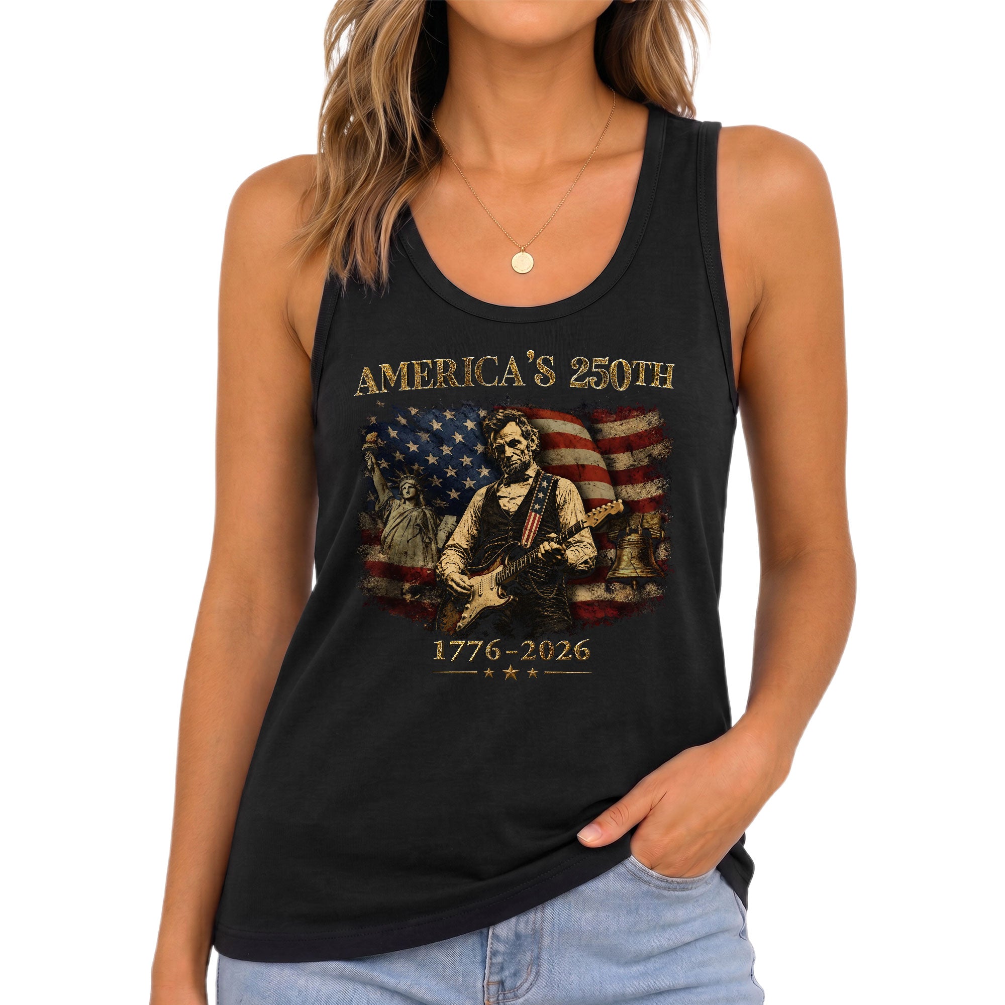 America's 250th Tank Top Women Lincoln Guitar Statue of Liberty Patriotic US Shirt