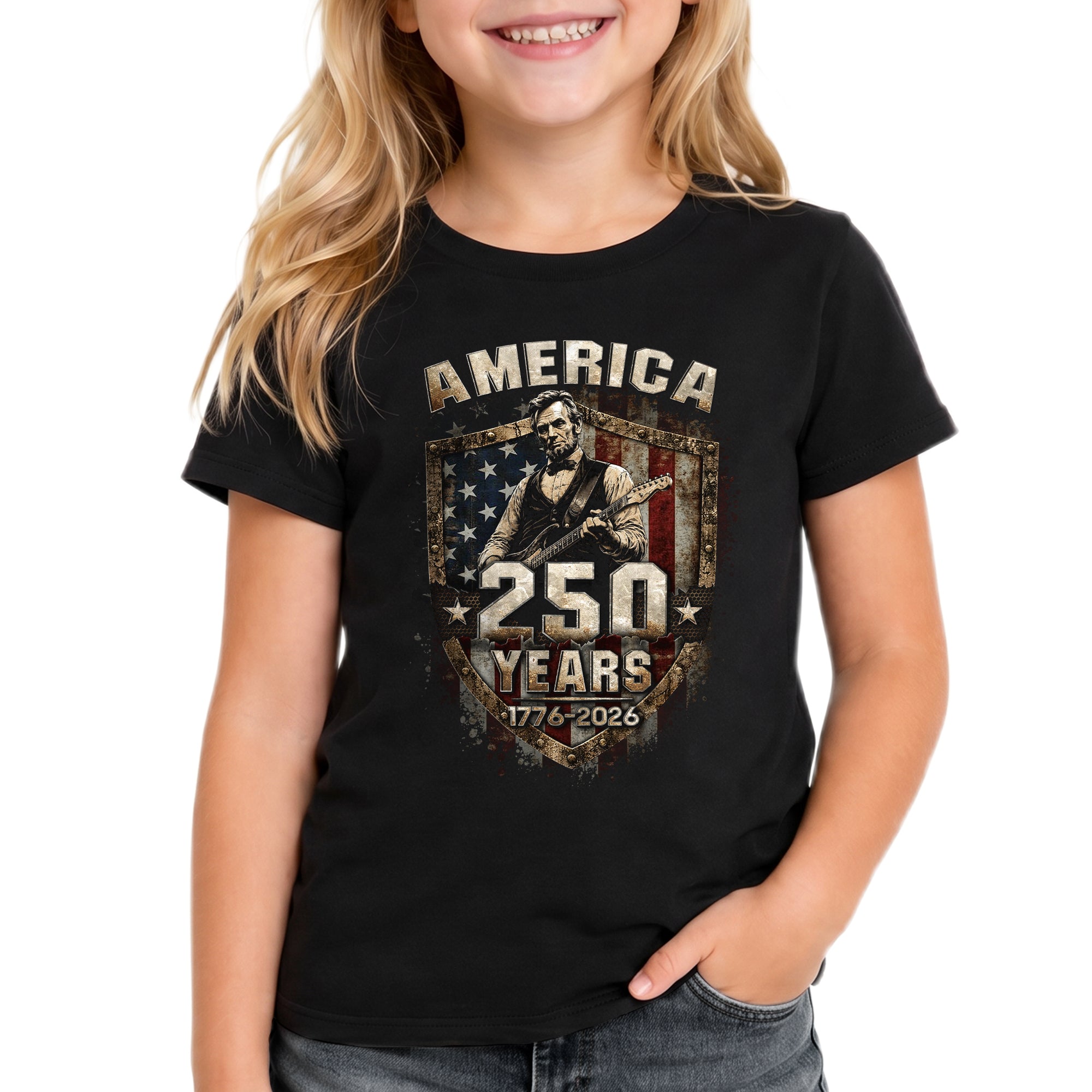 Kids America 250 Years T-Shirt 1776–2026 Lincoln Patriotic Freedom Youth Tee