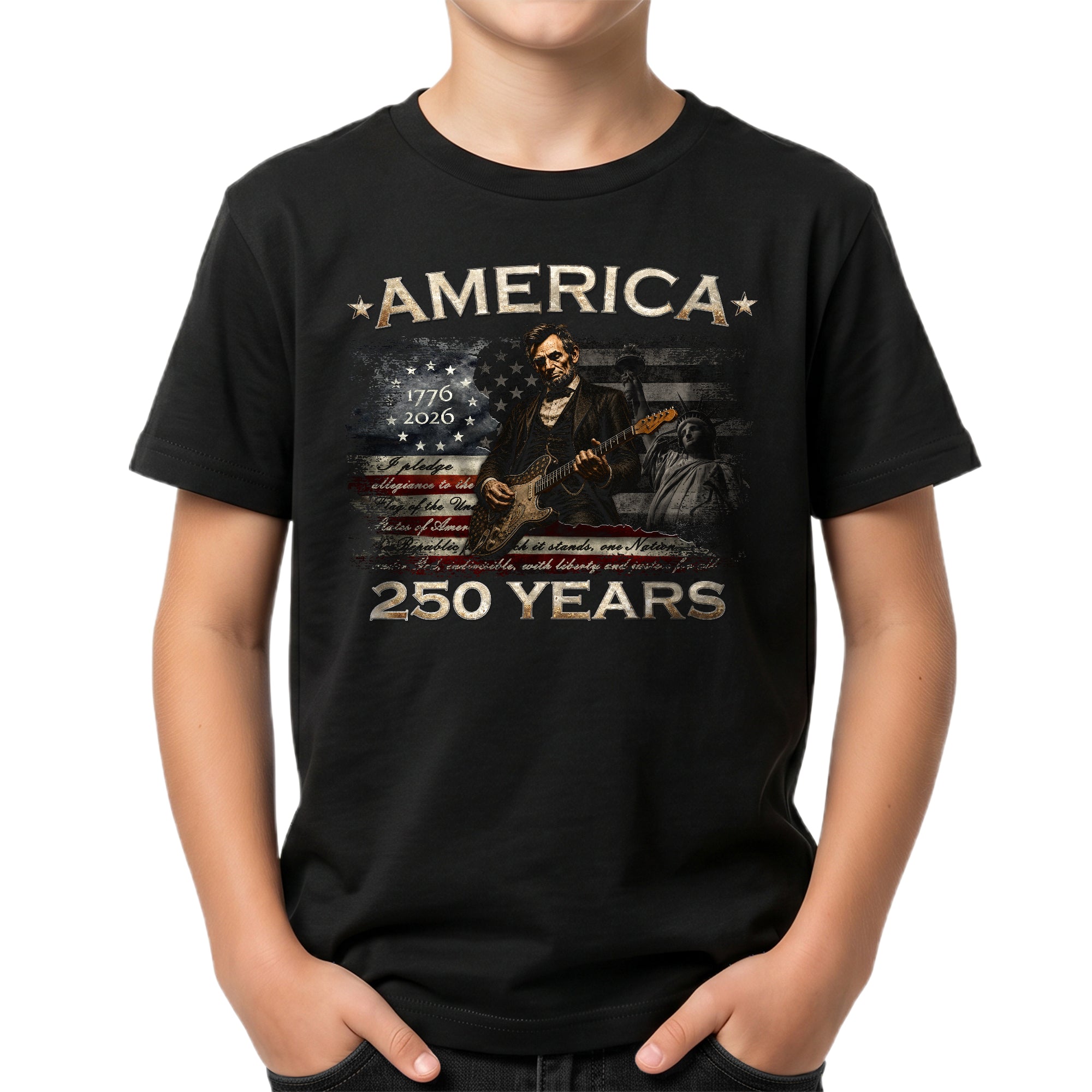 Kids America 250 Years T-Shirt 1776–2026 Lincoln Patriotic Guitar Youth Tee