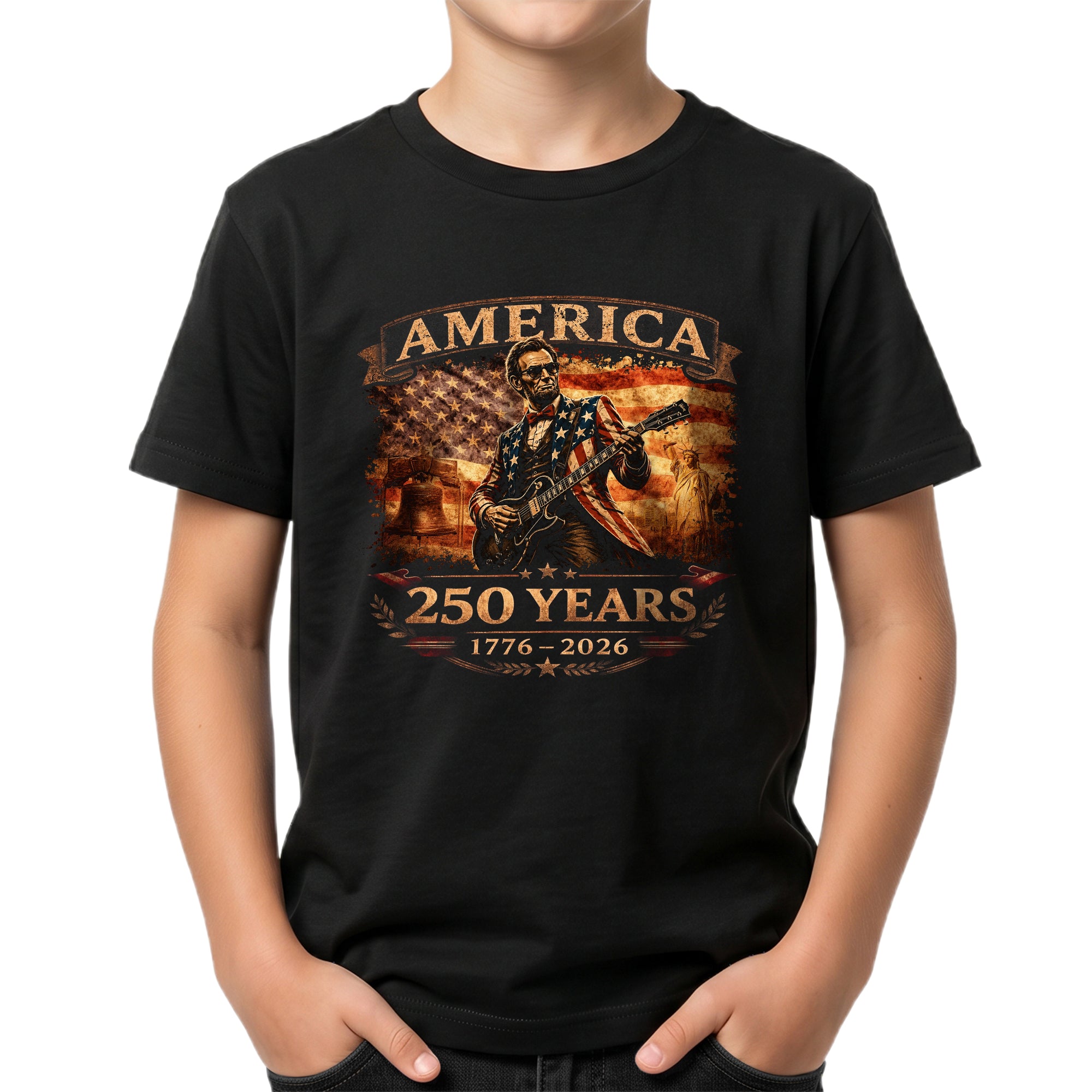 Kids America 250 Years T-Shirt 1776–2026 Lincoln Guitar Patriotic Youth Graphic Tee