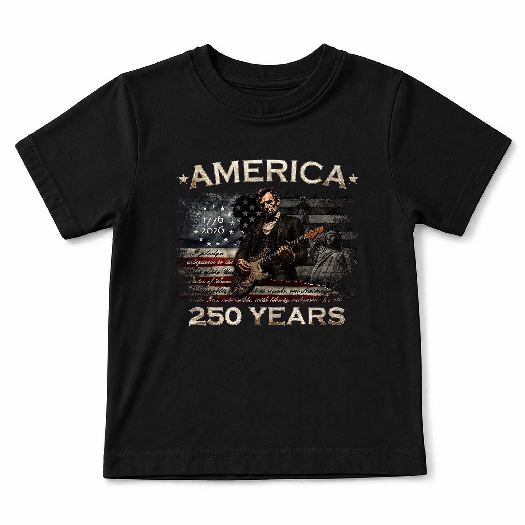 Kids America 250 Years T-Shirt 1776–2026 Lincoln Patriotic Guitar Youth Tee
