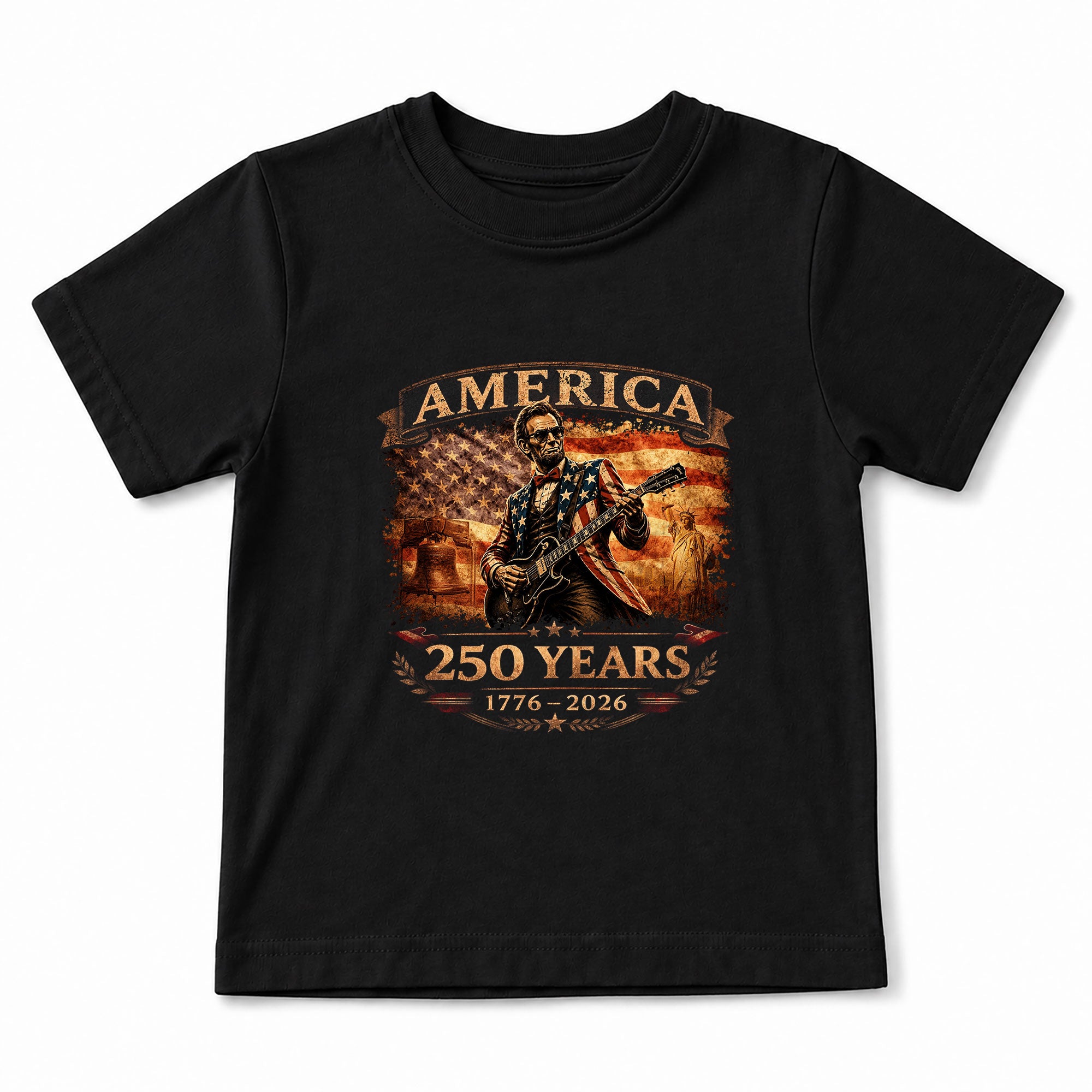 Kids America 250 Years T-Shirt 1776–2026 Lincoln Guitar Patriotic Youth Graphic Tee