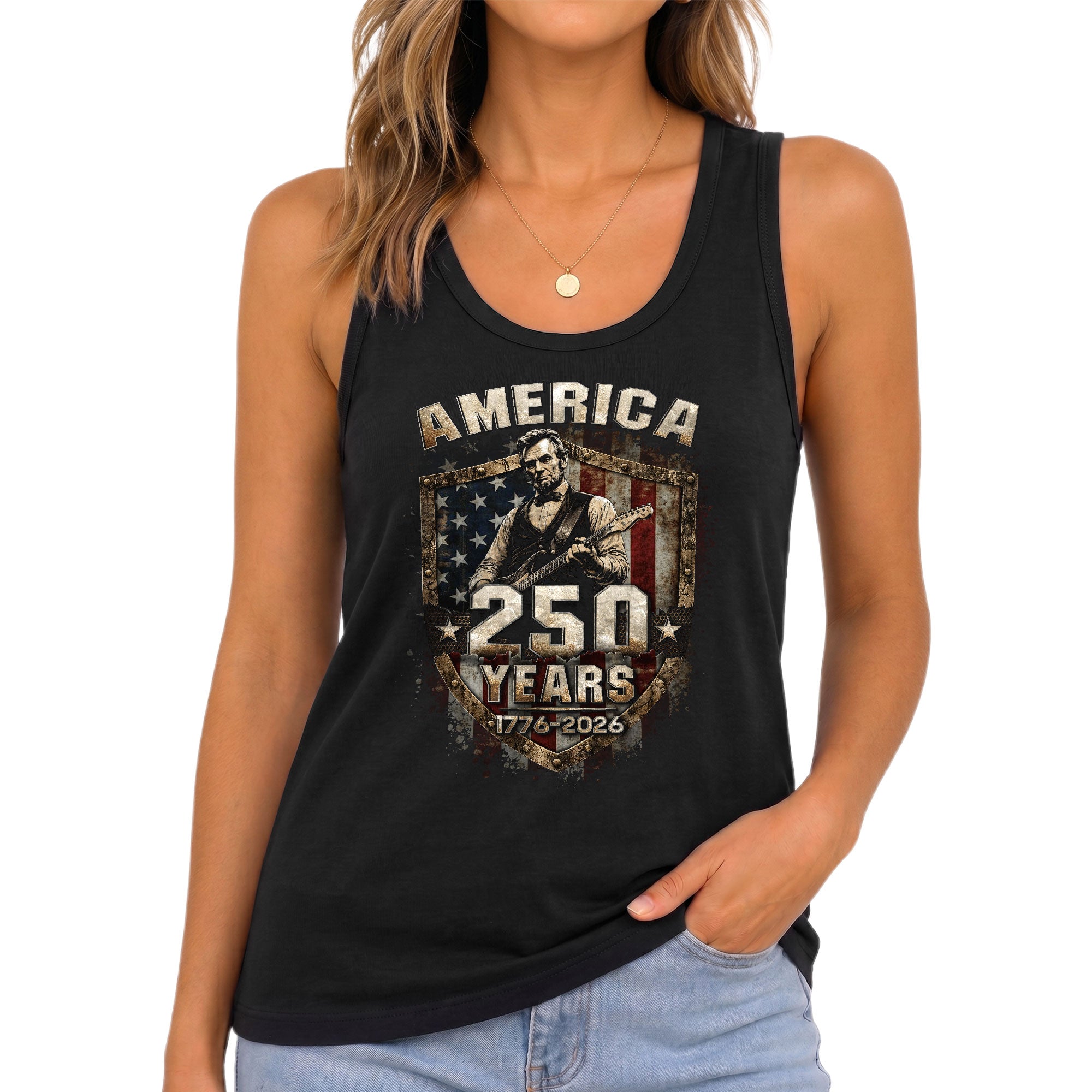 250 Years Tank Top Women 1776-2026 Abraham Lincoln Playing Guitar Patriotic Shirt