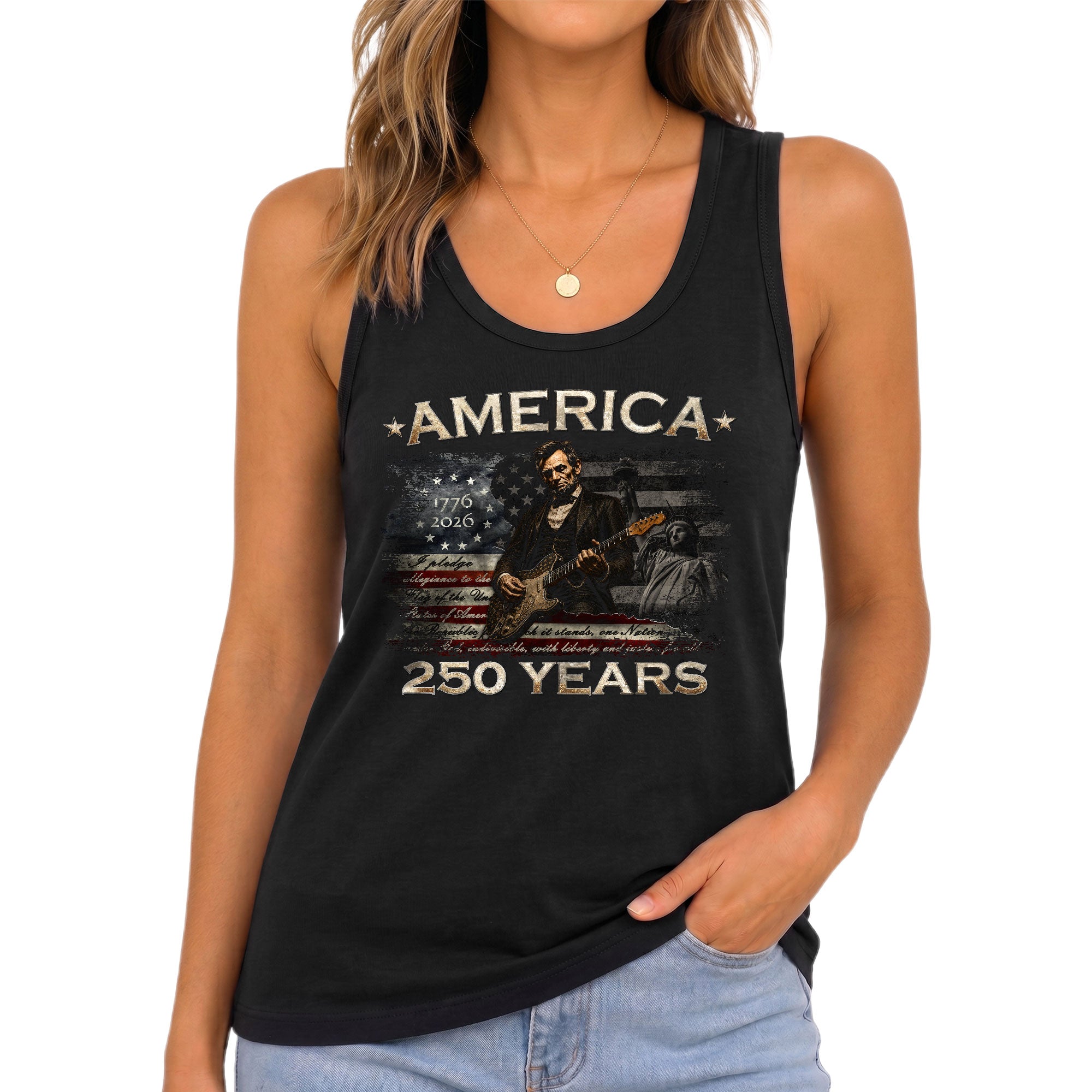 250 Years Tank Top Women America Lincoln Guitar Statue of Liberty Patriotic Shirt