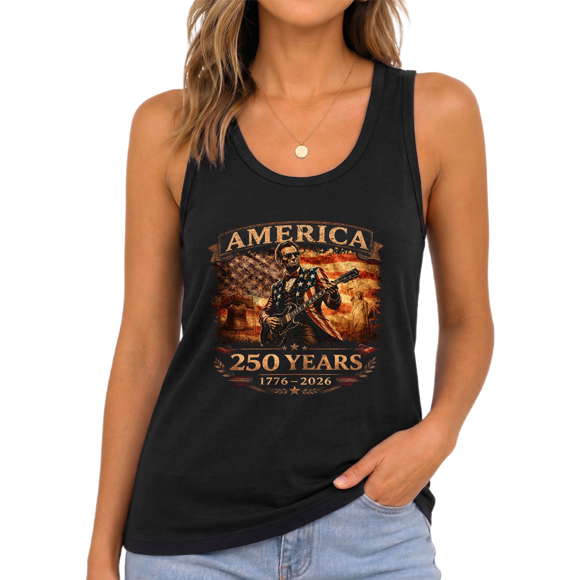 250 Years Tank Top Women America Lincoln Guitar Flag Patriotic Liberty 1776-2026 Shirt