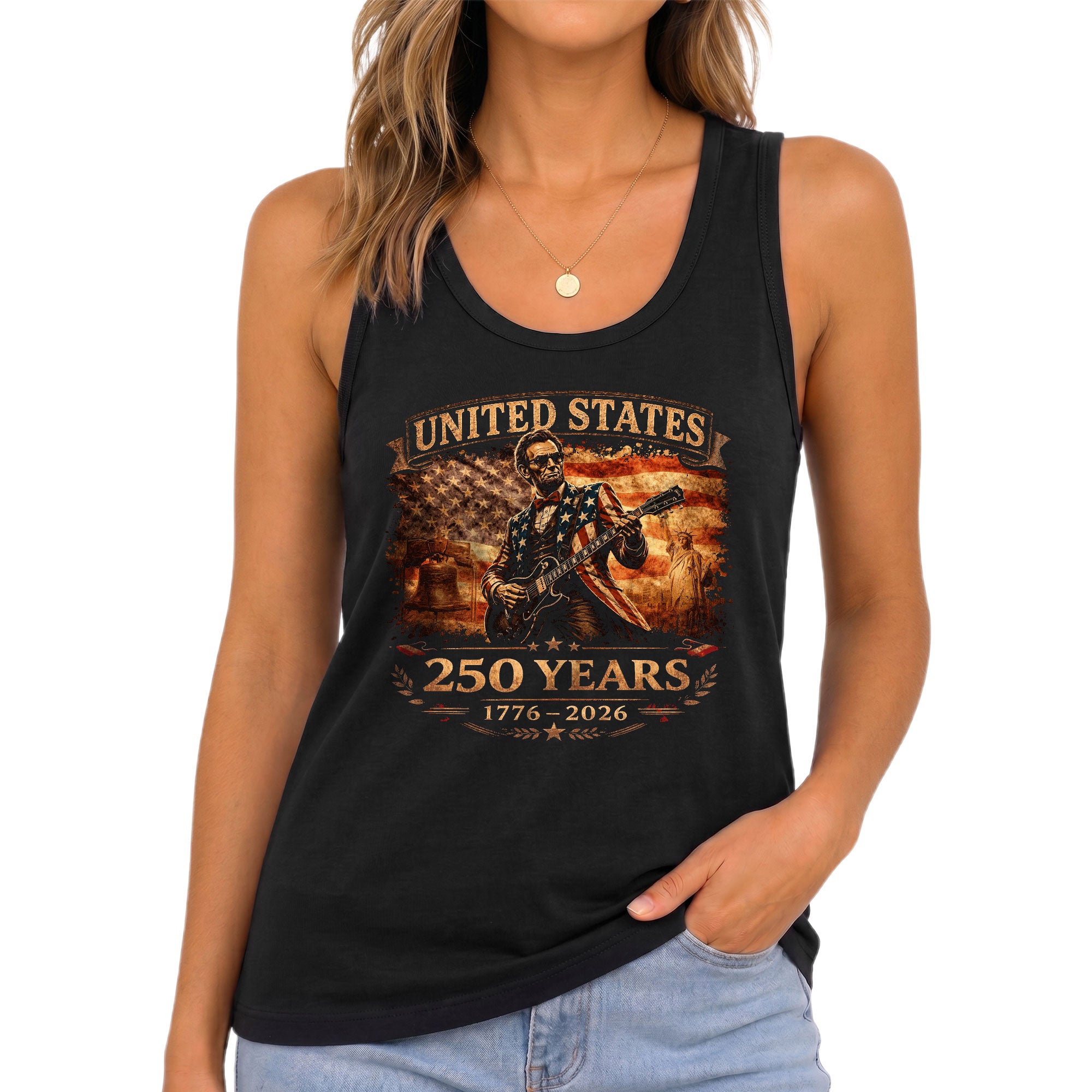 250 Years Tank Top Women America Lincoln Guitar Flag Patriotic Liberty 1776-2026 Shirt
