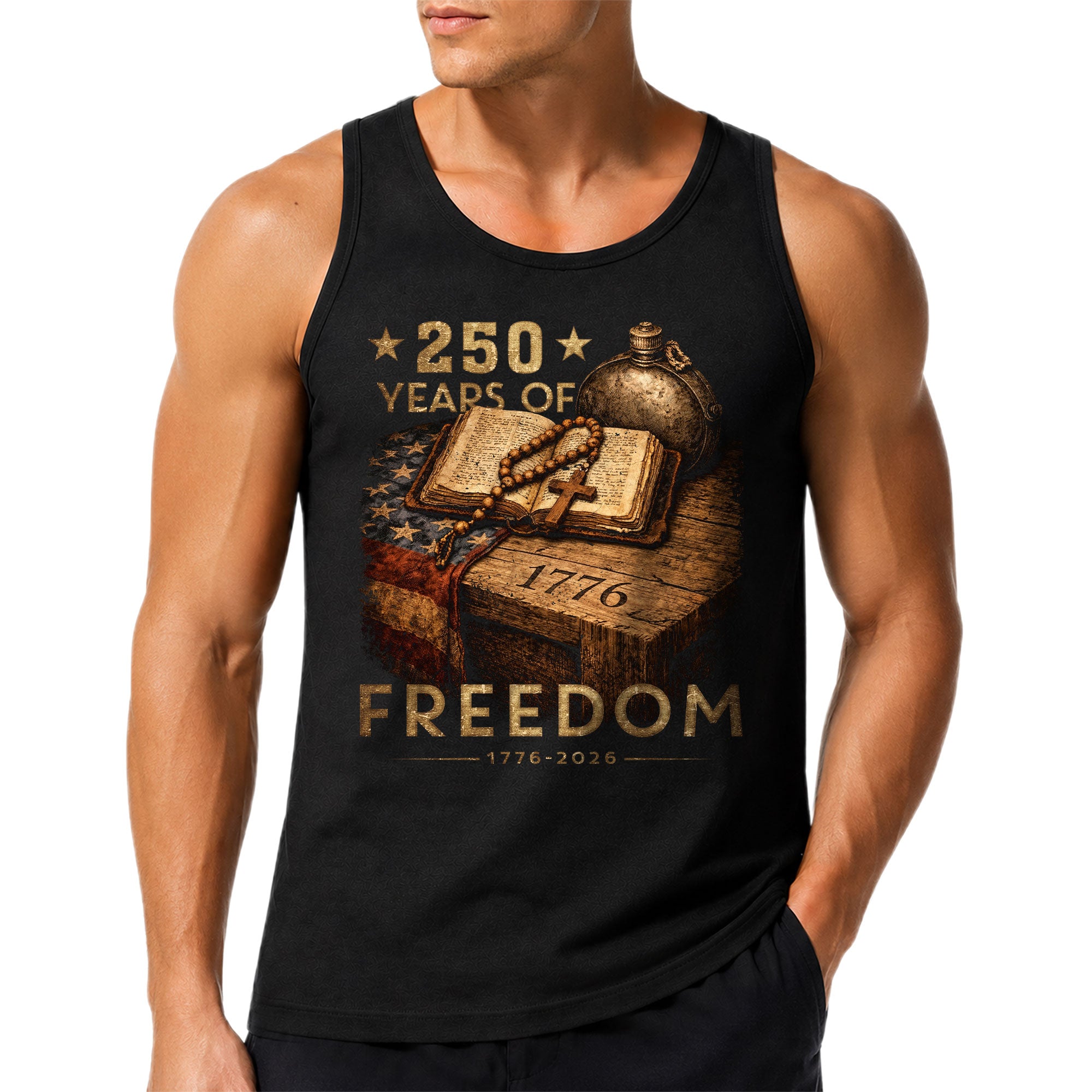 Tank Top Men Patriotic Bible Cross 1776-2026 250 Years Of Freedom Christian Summer Vest