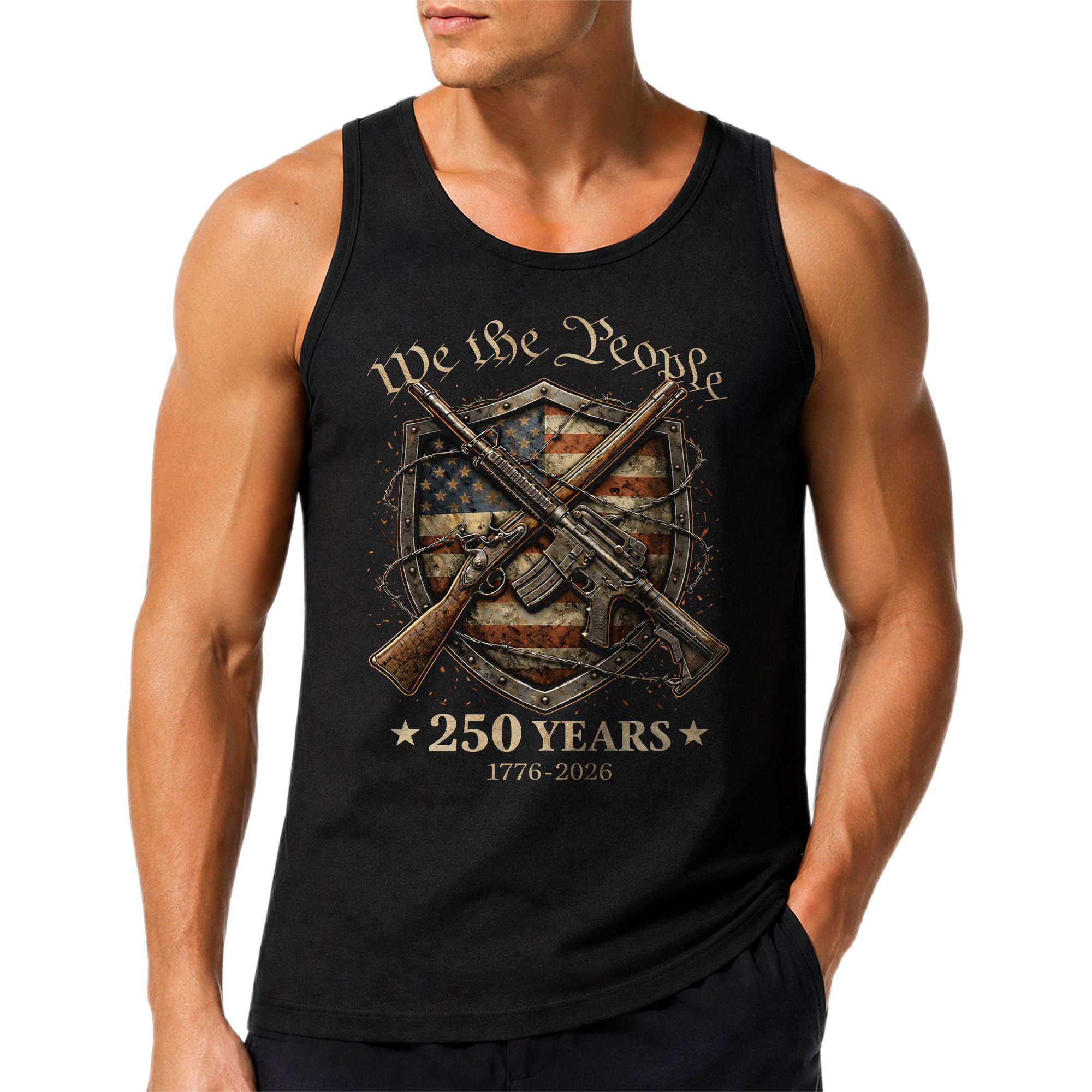 Tank Top Men We The People 1776-2026 250 Years 2nd Amendment Patriotic Rifle Shield Vest