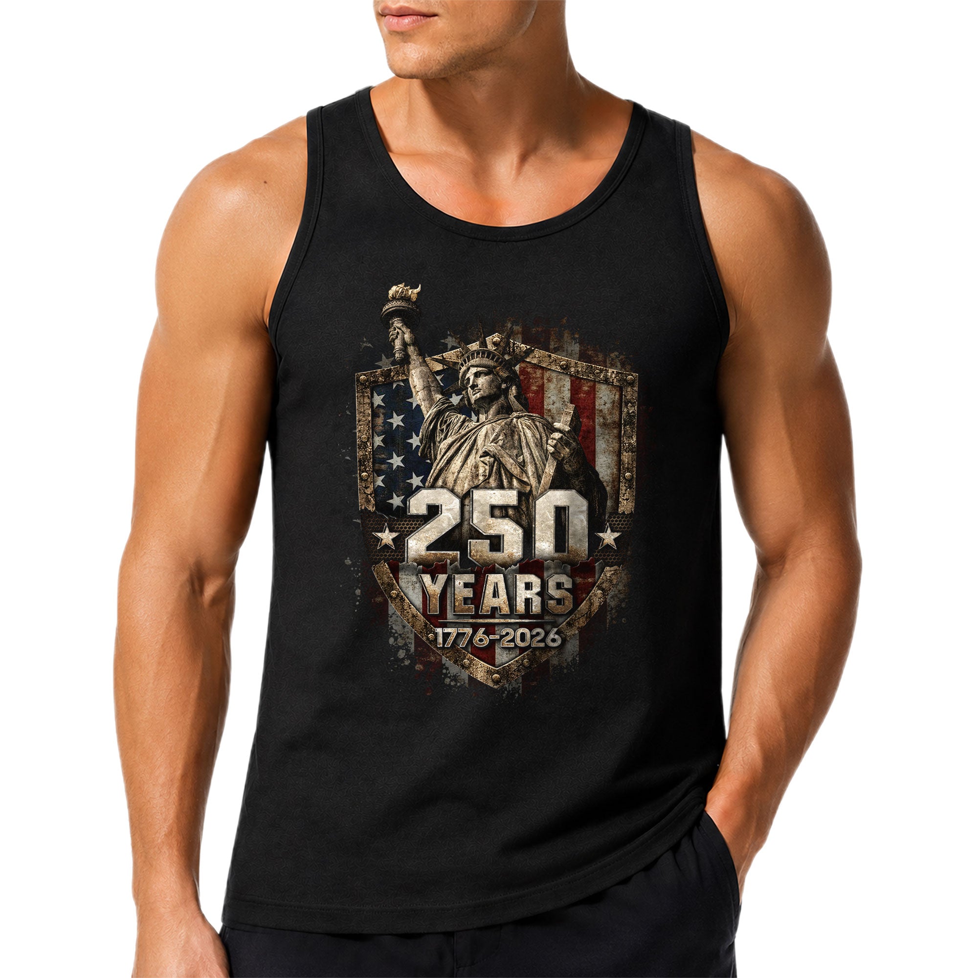 Statue of Liberty Shield Tank Top 1776-2026 Patriotic Retro Men Graphic Sleeveless Shirt