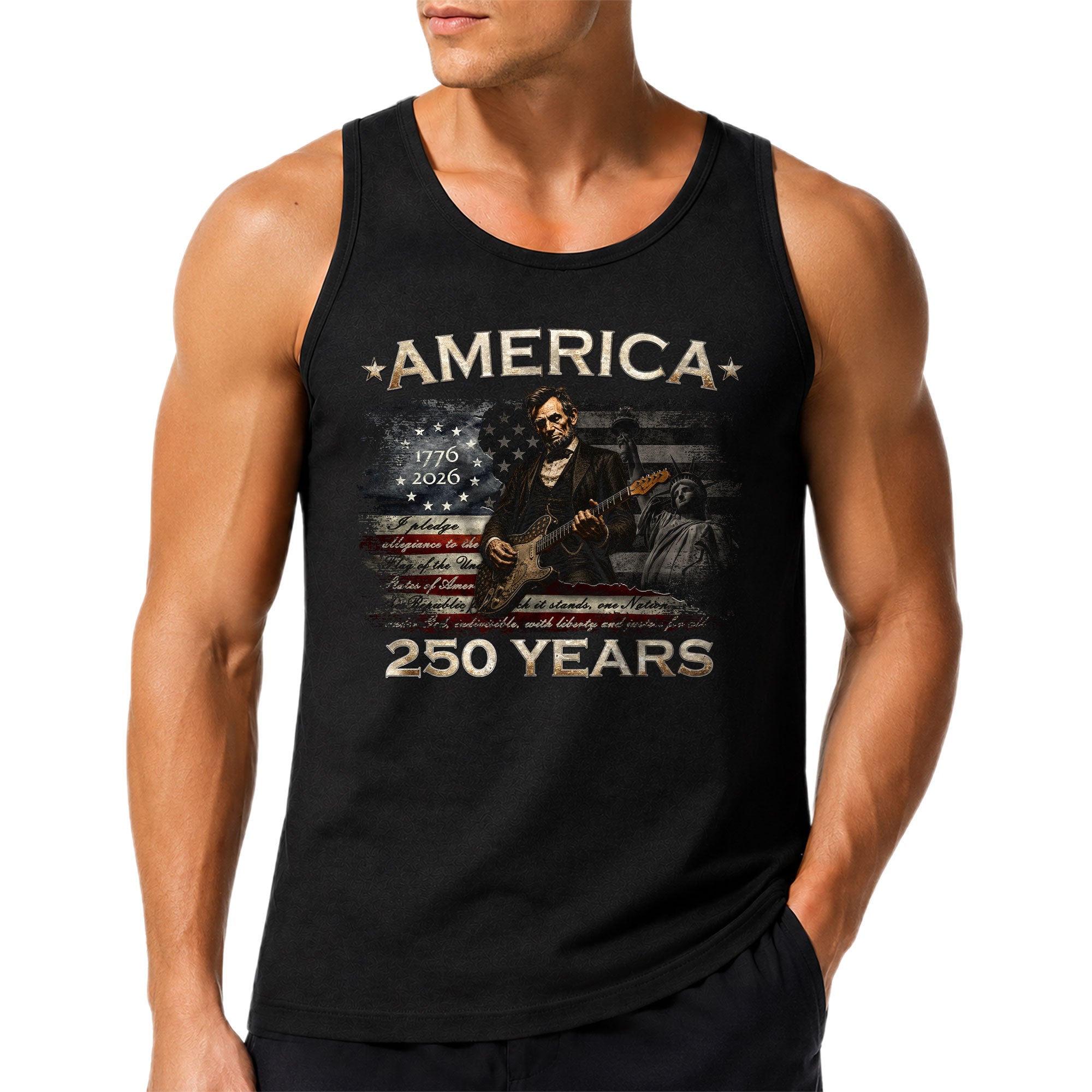 Pledge of Allegiance Lincoln Guitar Tank Top 1776-2026 Patriotic Men Graphic Gym Shirt