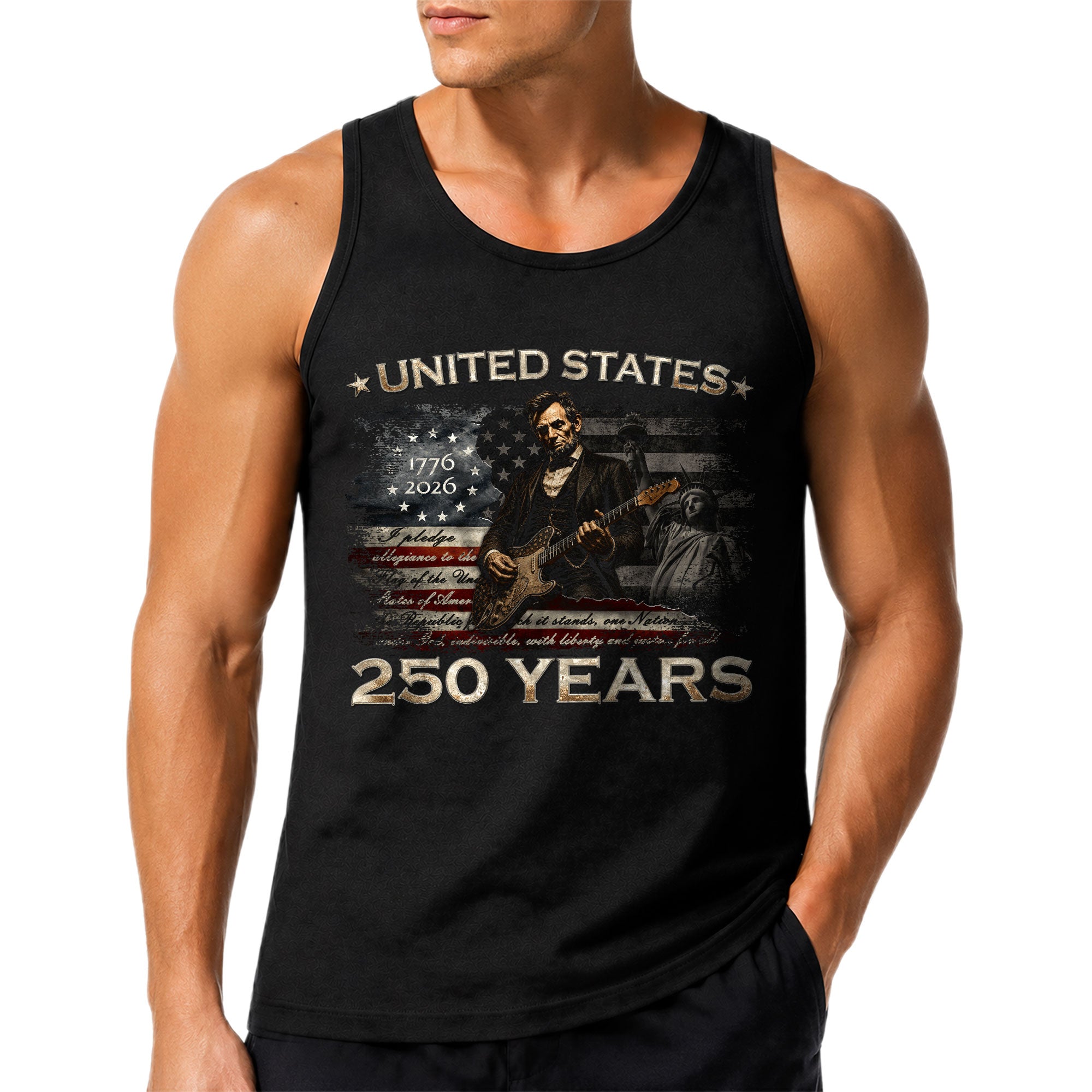 Pledge of Allegiance Lincoln Guitar Tank Top 1776-2026 Patriotic Men Graphic Gym Shirt