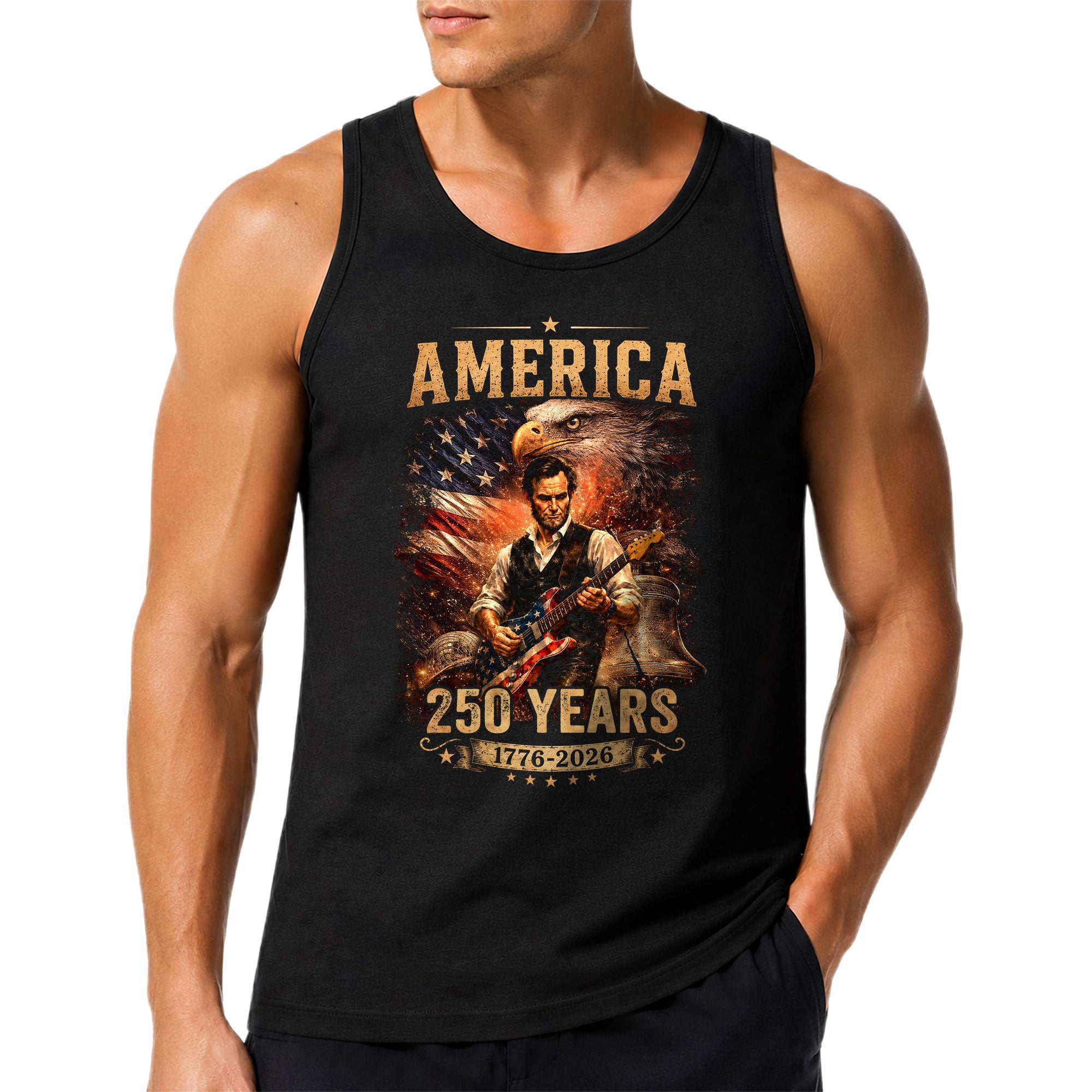 Eagle Abraham Lincoln Guitar Tank Top 1776-2026 Patriotic Vintage Men Graphic Gym Shirt