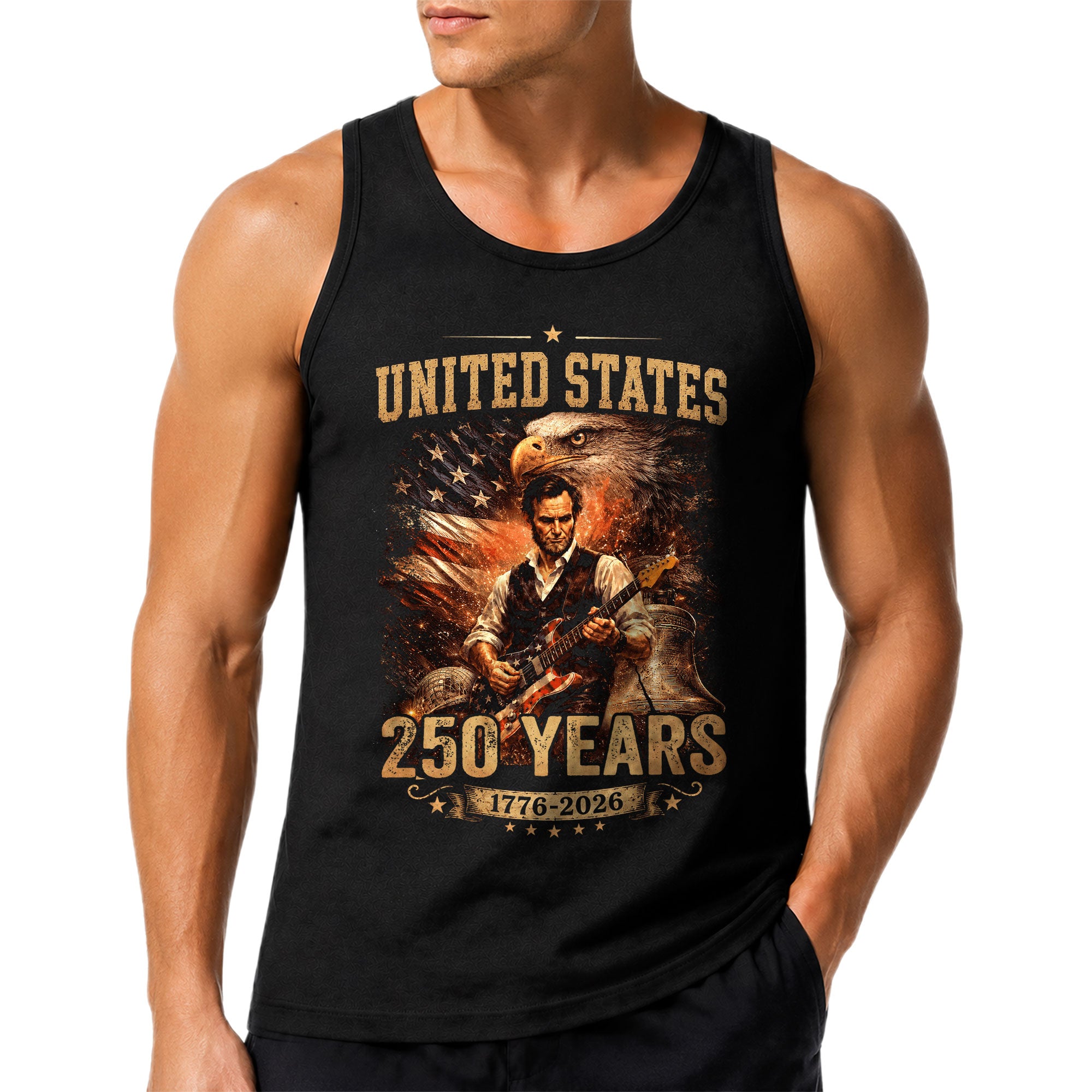 Eagle Abraham Lincoln Guitar Tank Top 1776-2026 Patriotic Vintage Men Graphic Gym Shirt