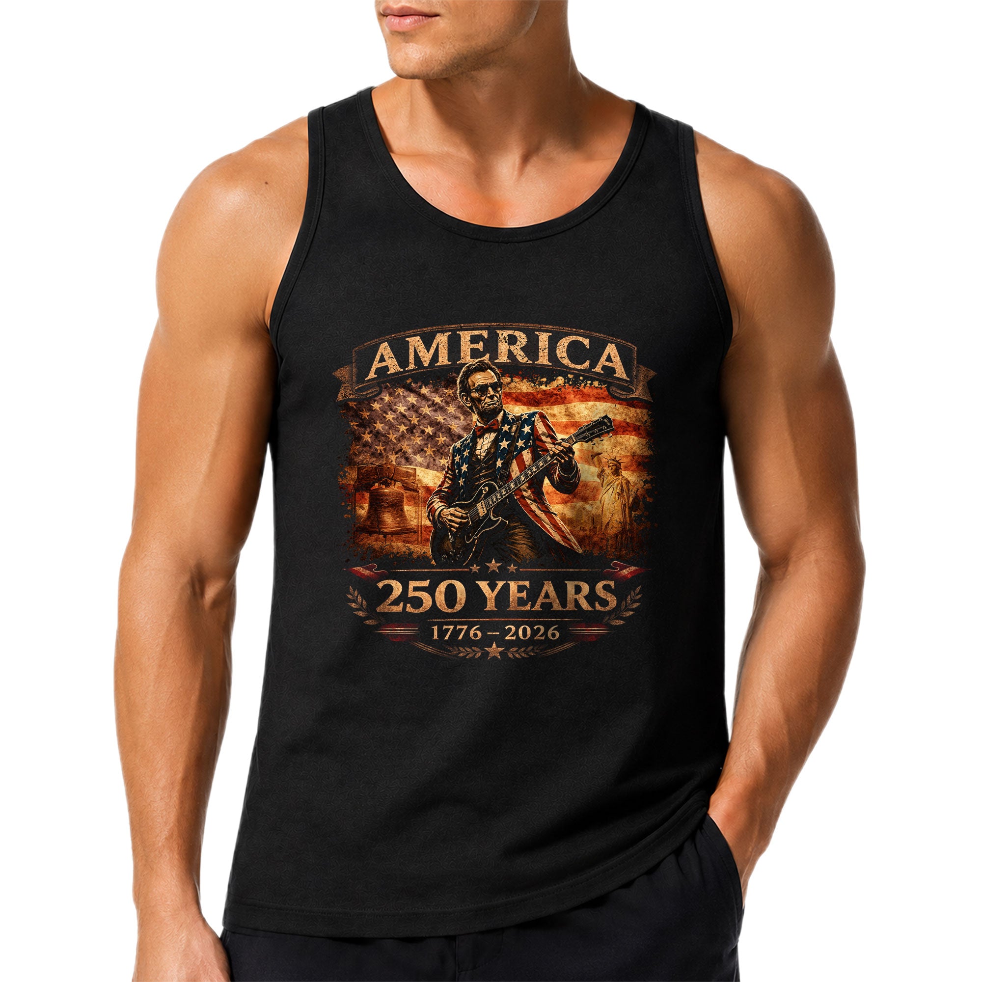 Lincoln Flag Suit Guitar Tank Top 1776-2026 Patriotic Vintage Men Graphic Sleeveless Shirt