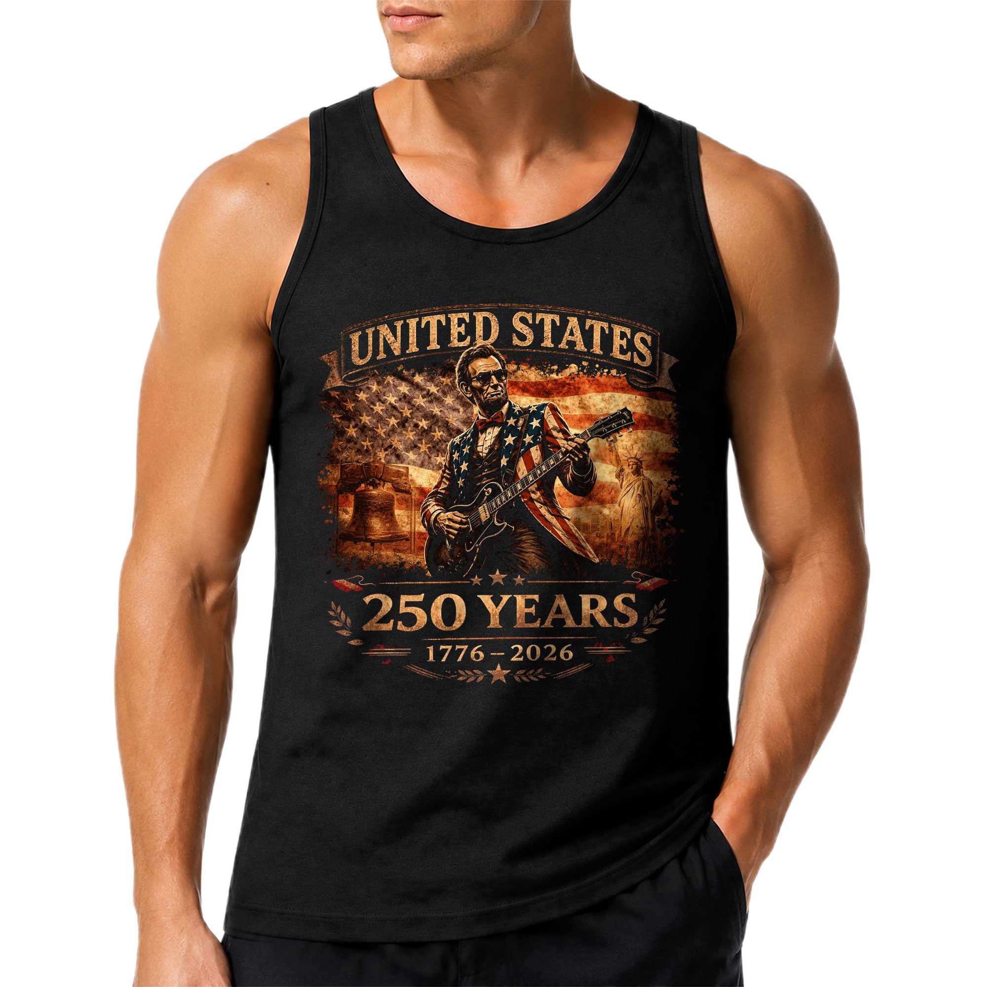 Lincoln Flag Suit Guitar Tank Top 1776-2026 Patriotic Vintage Men Graphic Sleeveless Shirt