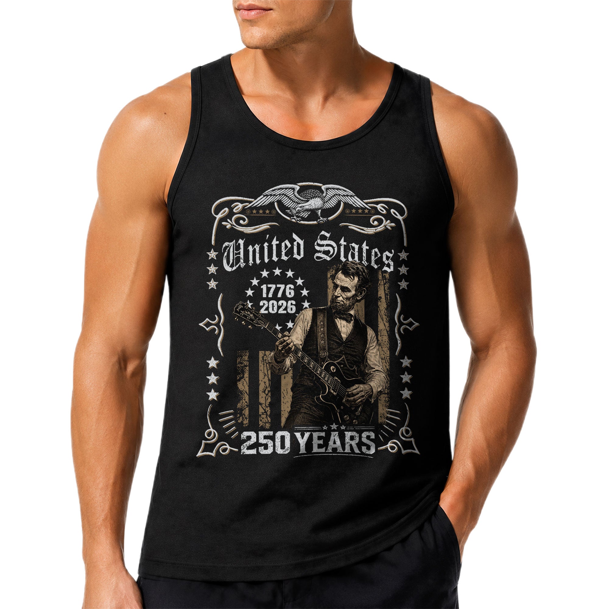 Lincoln Guitar Frame Tank Top 1776-2026 Patriotic Vintage Men Graphic Sleeveless Gym Shirt