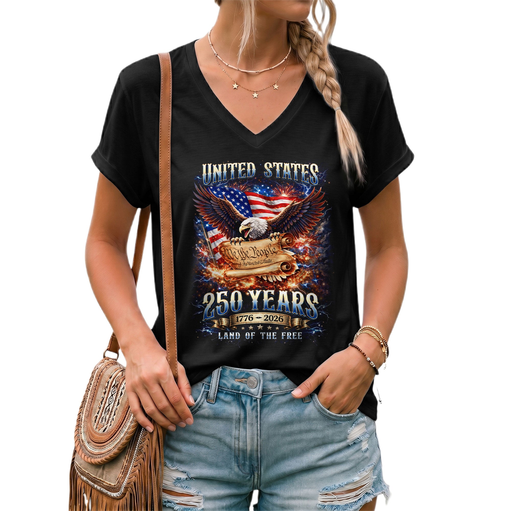 United States 250 Years Womens V Neck Shirt Retro We The People Firework Eagle Top