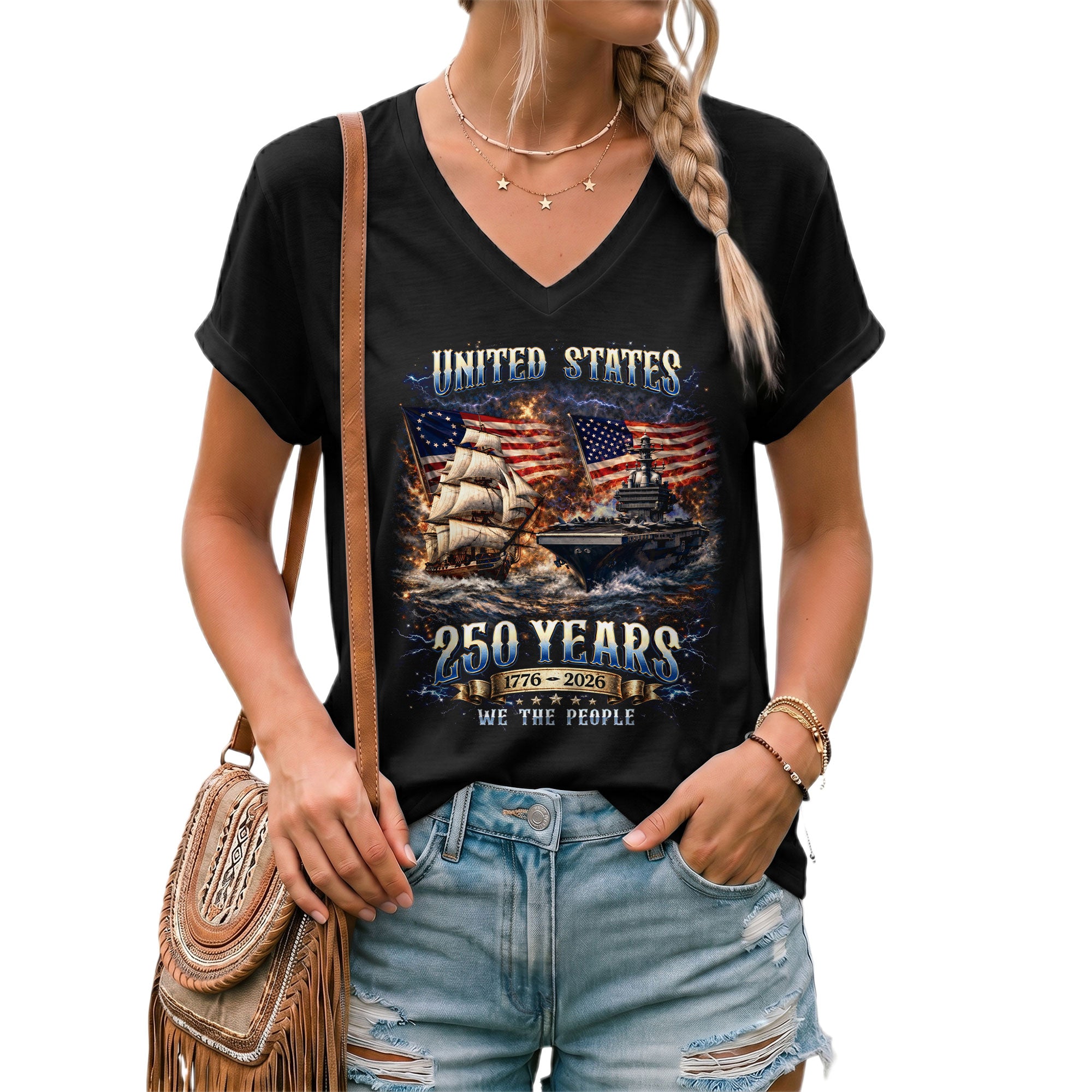 Patriotic Ship Womens V Neck Shirt Cool Military Flag Vintage 250 Years 1776 2026 Tee