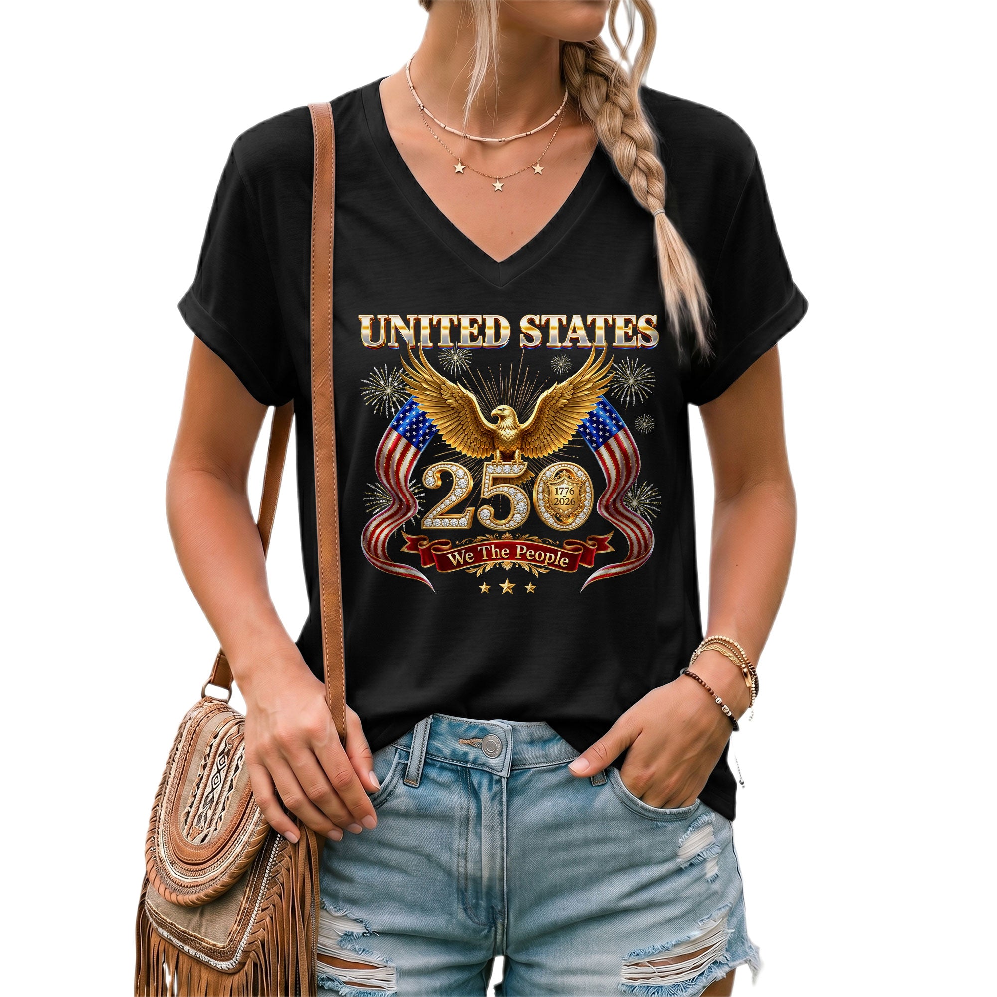 United States 250 Year Anniversary T Shirt Patriotic American V Neck Graphic Tee Unisex