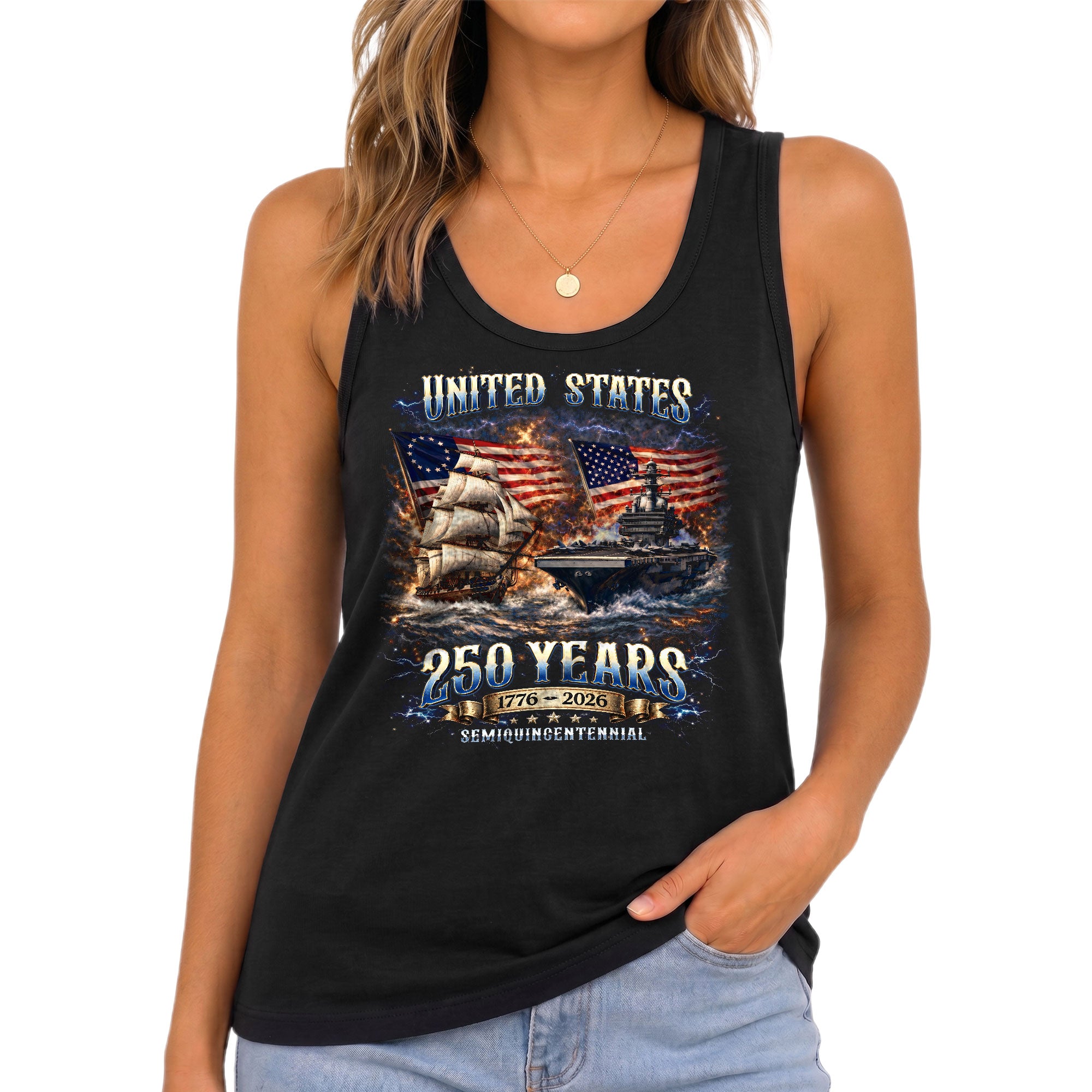 United States 250 Years 1776 2026 Womens Tank Top Vintage Patriotic Navy Sea Graphic Top