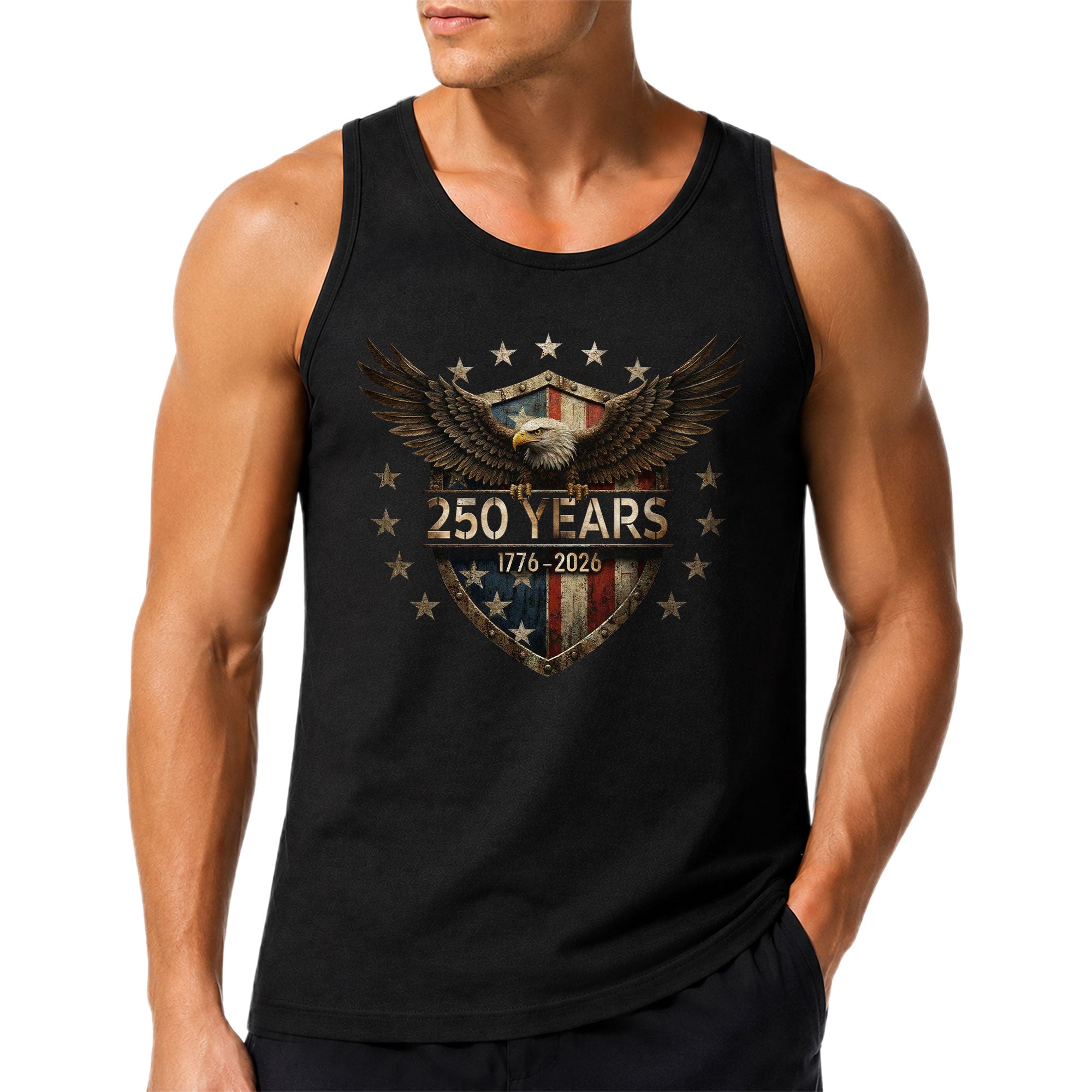 Men Tank Top Patriotic Bald Eagle 1776-2026 250 Years American Flag Shield Stars Vest