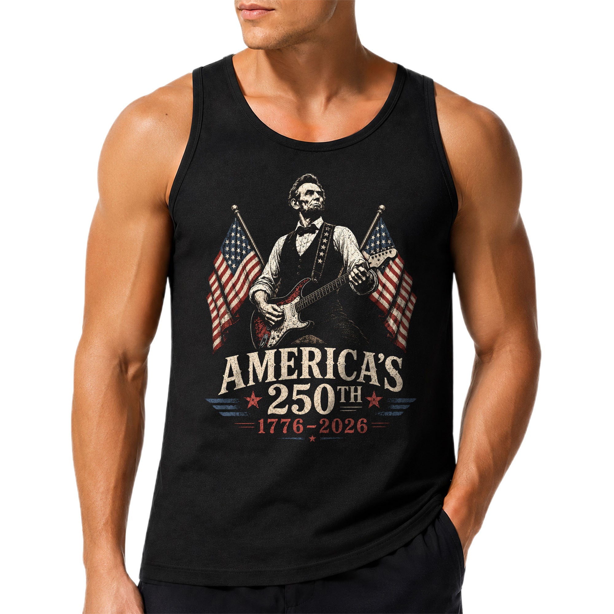 Lincoln Rock Guitar Men Tank Top Vintage 1776-2026 Patriotic Sleeveless Shirt