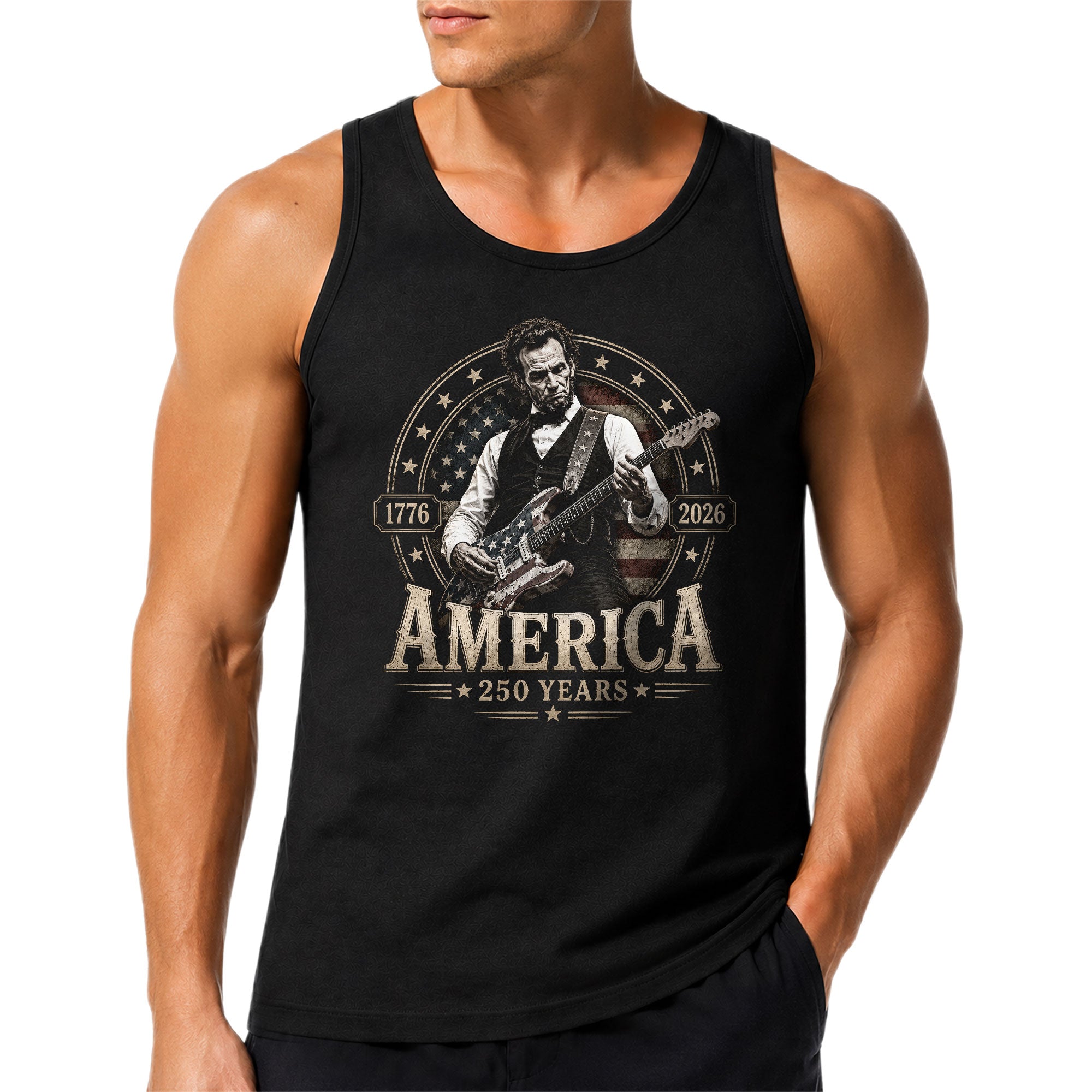 Abraham Lincoln Guitar Mens Tank Top Cool Stars Stripes 250 Years Heritage Shirt