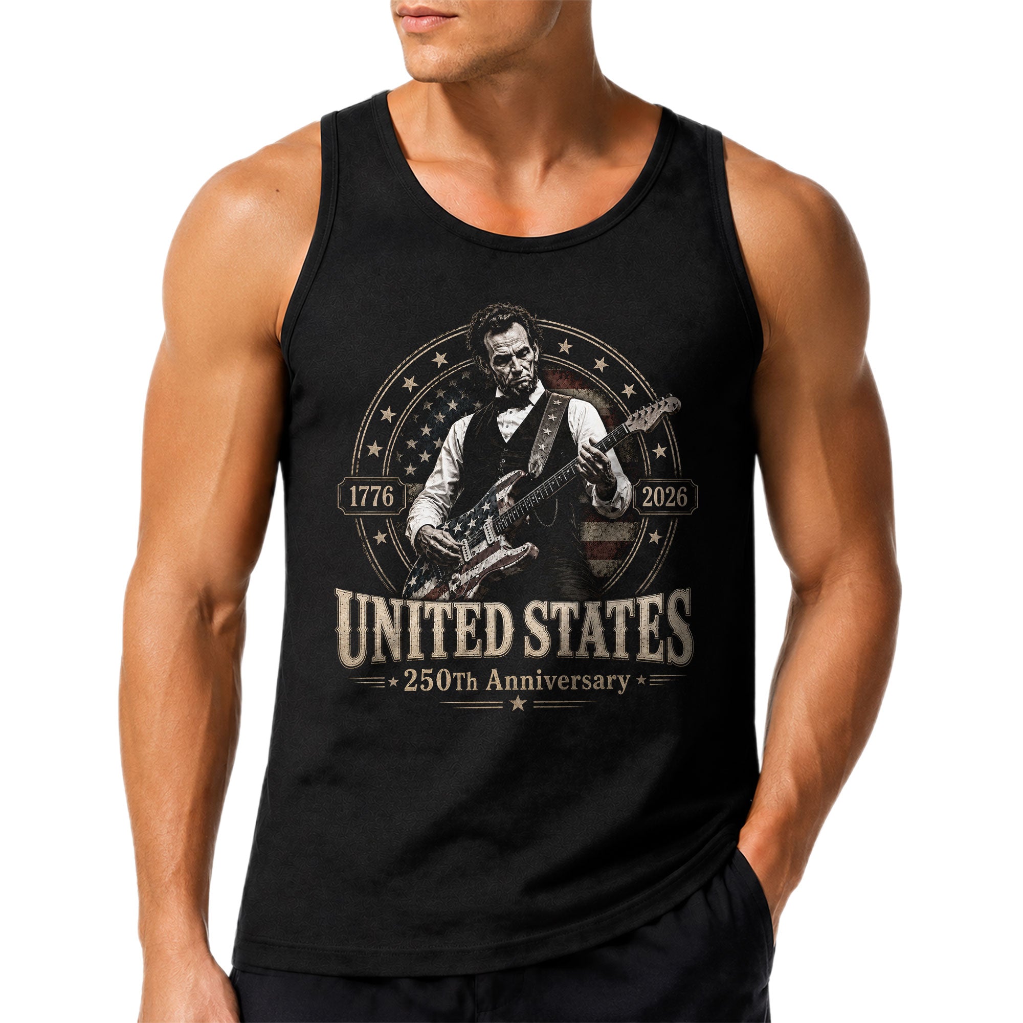Abraham Lincoln Guitar Mens Tank Top Cool Stars Stripes 250 Years Heritage Shirt
