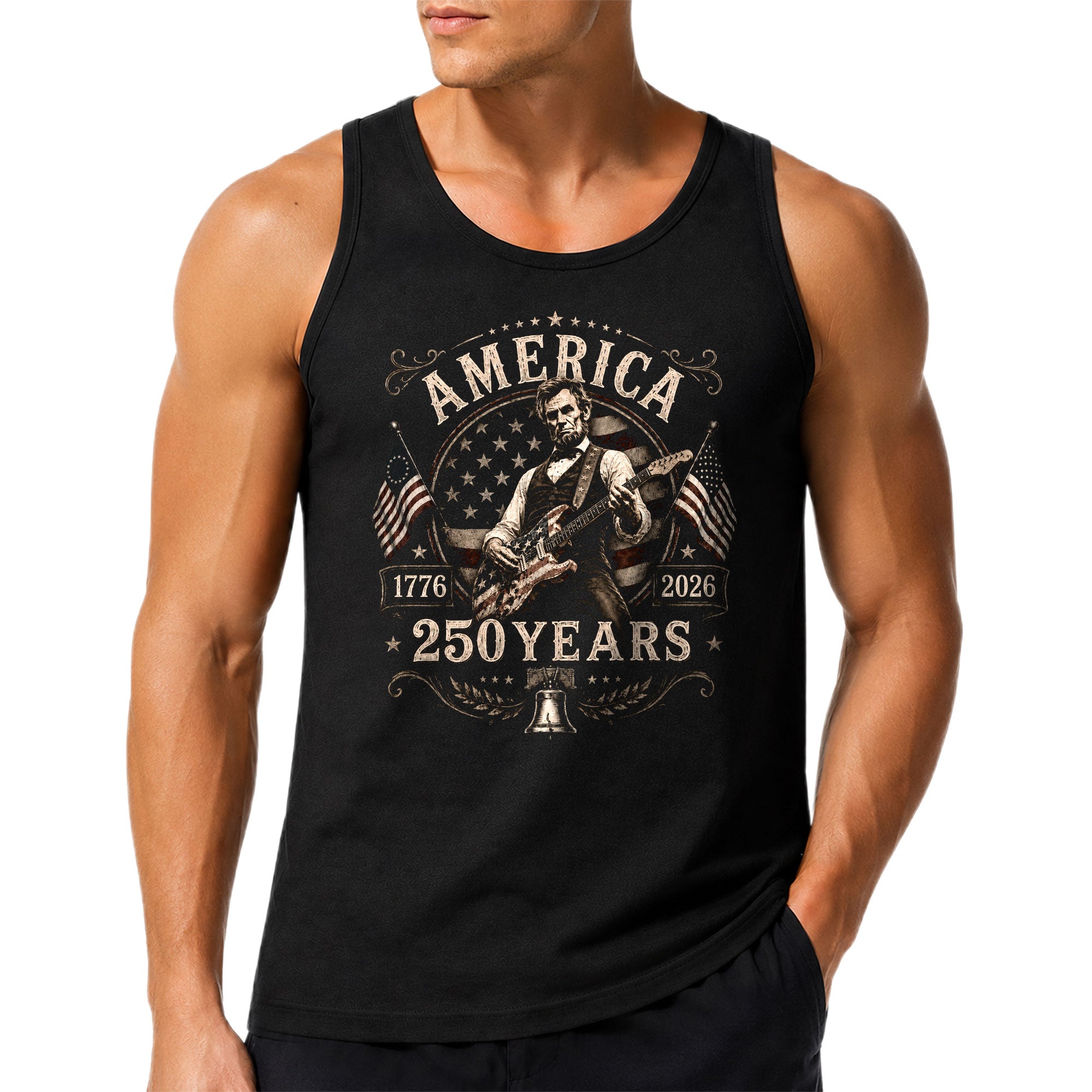 Men 250 Years Celebration Tank Top Retro Heritage Lincoln Rocker Dual Flags Shirt