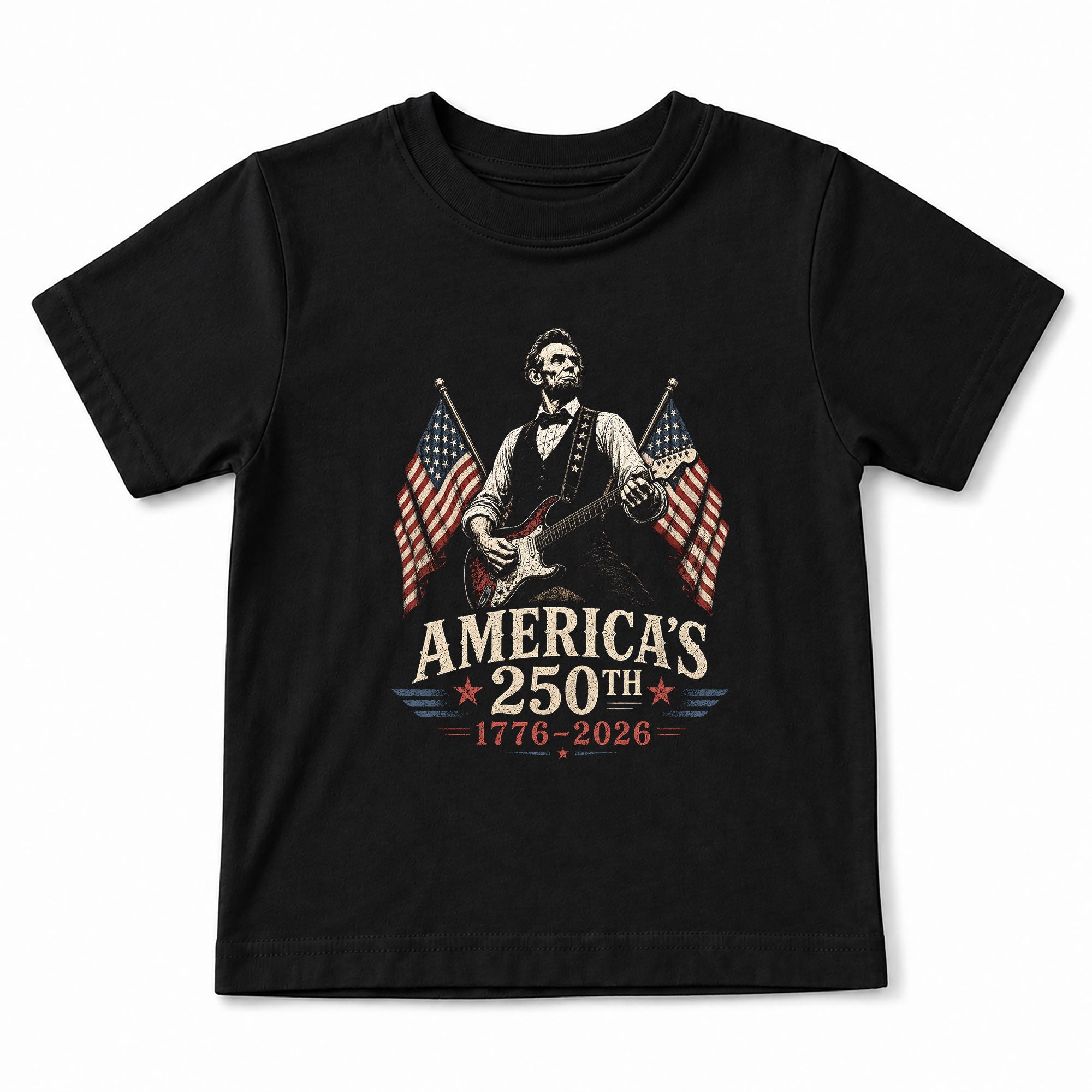 250th Patriotic Kids T Shirt Retro Abraham Lincoln Playing Guitar Flag Tee