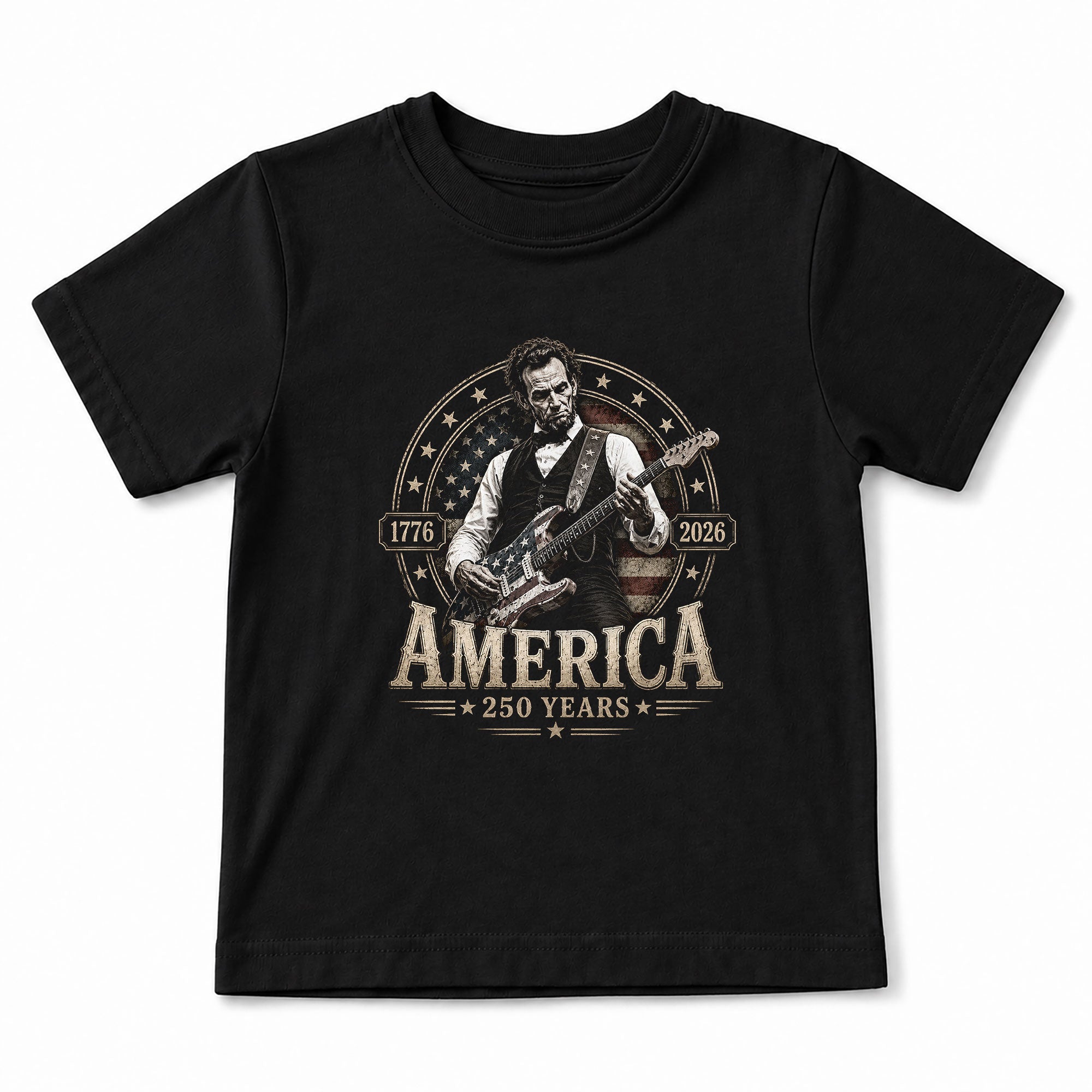 Kids 250 Years Celebration Shirt Retro Round Flag Graphic Abraham Lincoln Rocker Tee