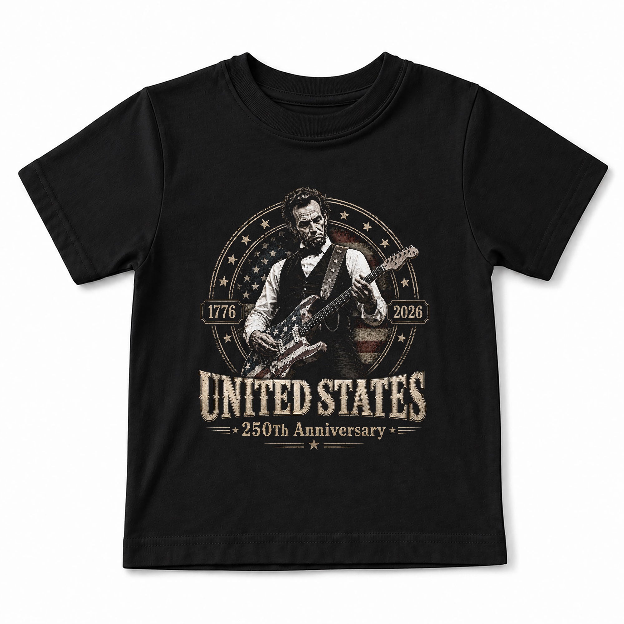 Kids 250 Years Celebration Shirt Retro Round Flag Graphic Abraham Lincoln Rocker Tee
