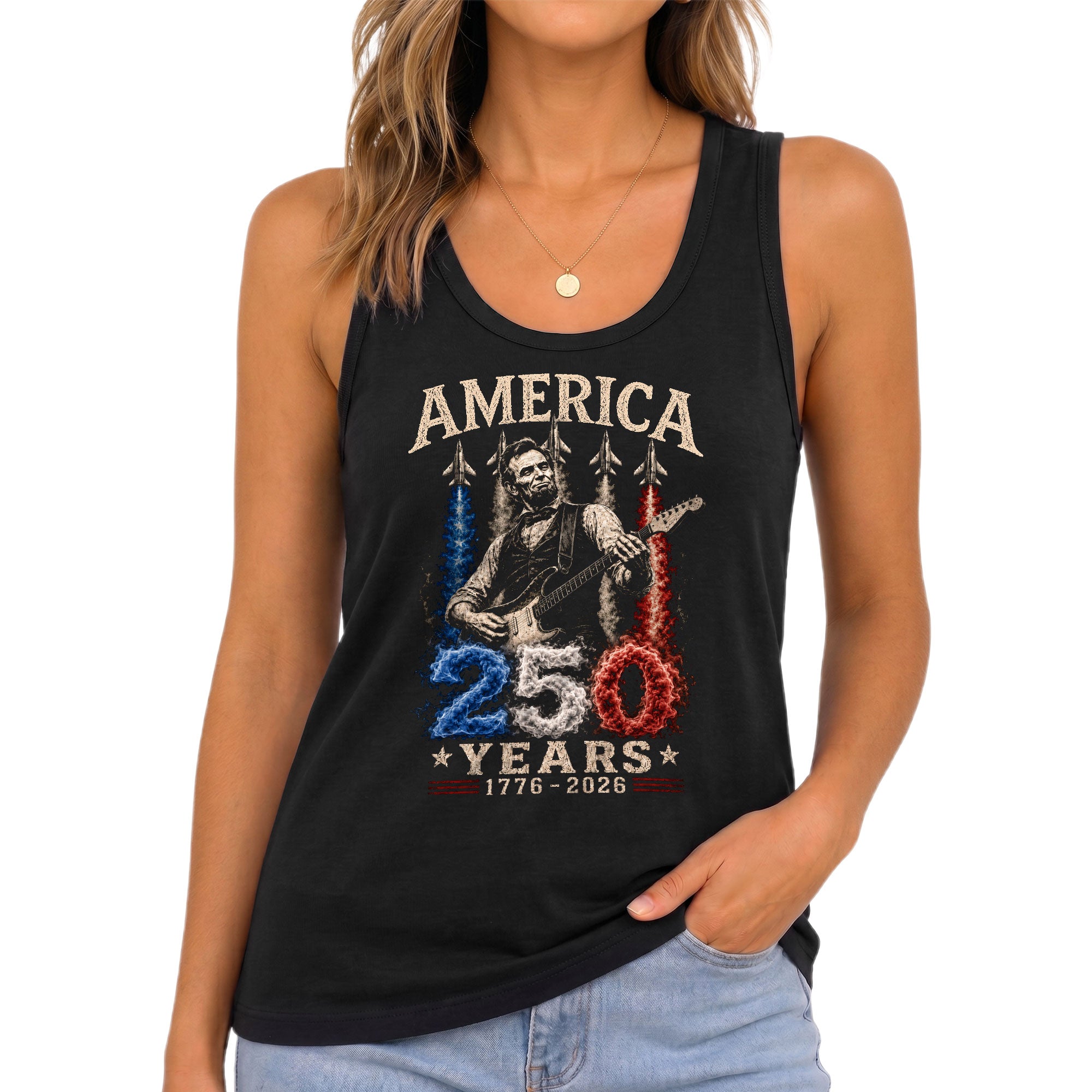 Womens 250 Years Celebration Tank Top Cool Abraham Lincoln Rocker Graphic Shirt
