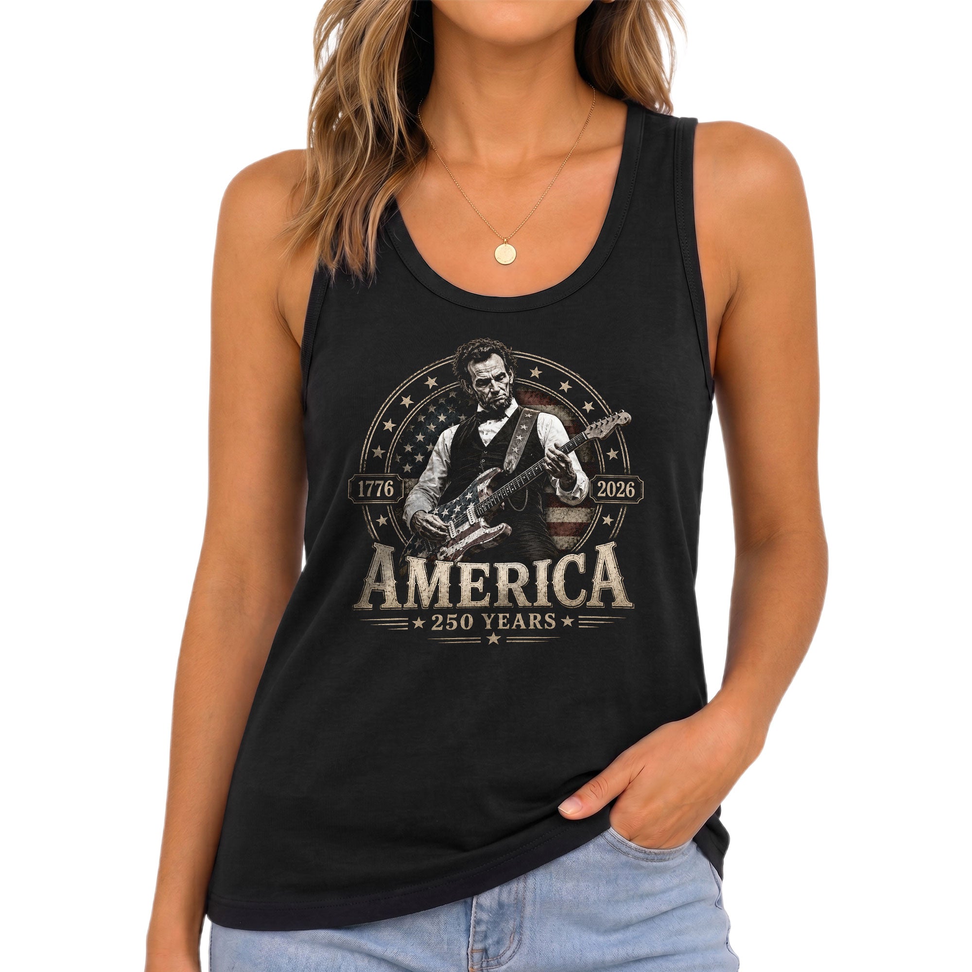 Abraham Lincoln Guitar Womens Tank Top Cool Stars Stripes 250 Years Heritage Shirt