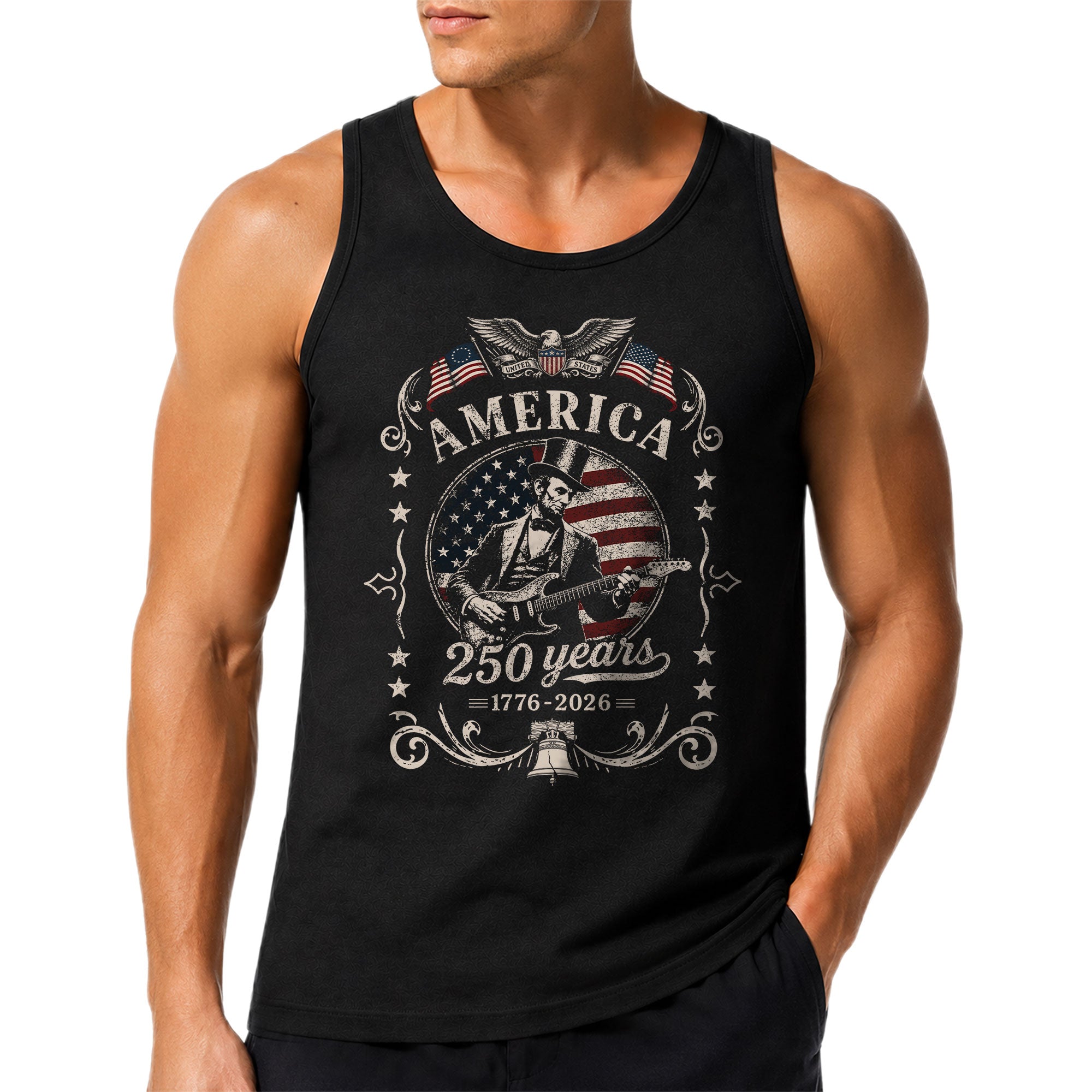 250 Years Freedom Lincoln Guitar Tank Top Men Patriotic Vintage Independence Day Shirt