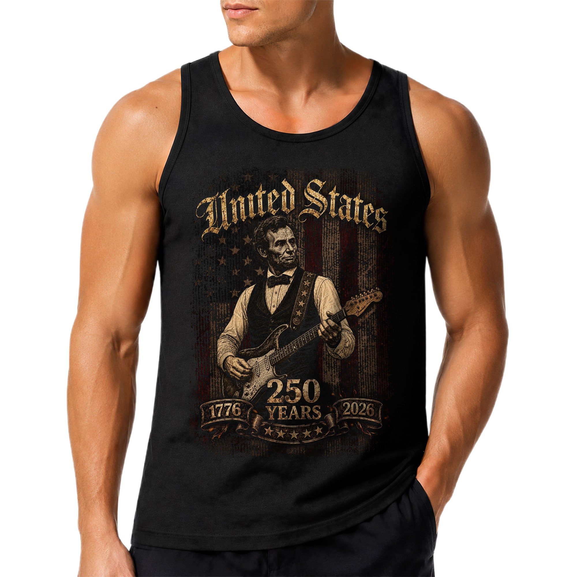 Abraham Lincoln Guitar Tank Top 1776-2026 Patriotic Vintage Men Graphic Shirt
