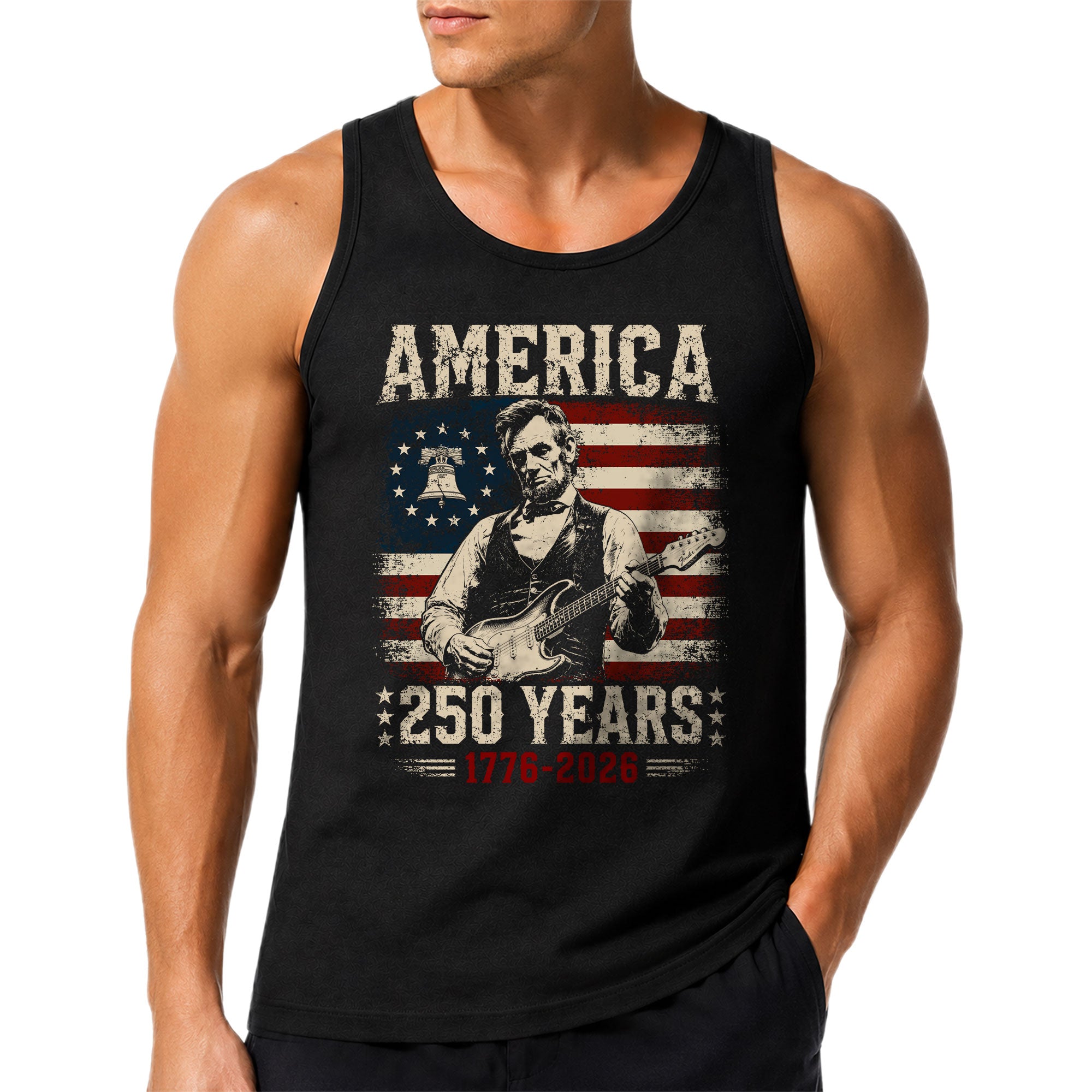 Lincoln Liberty Bell Guitar Tank Top 1776-2026 Patriotic Vintage Men Graphic Shirt
