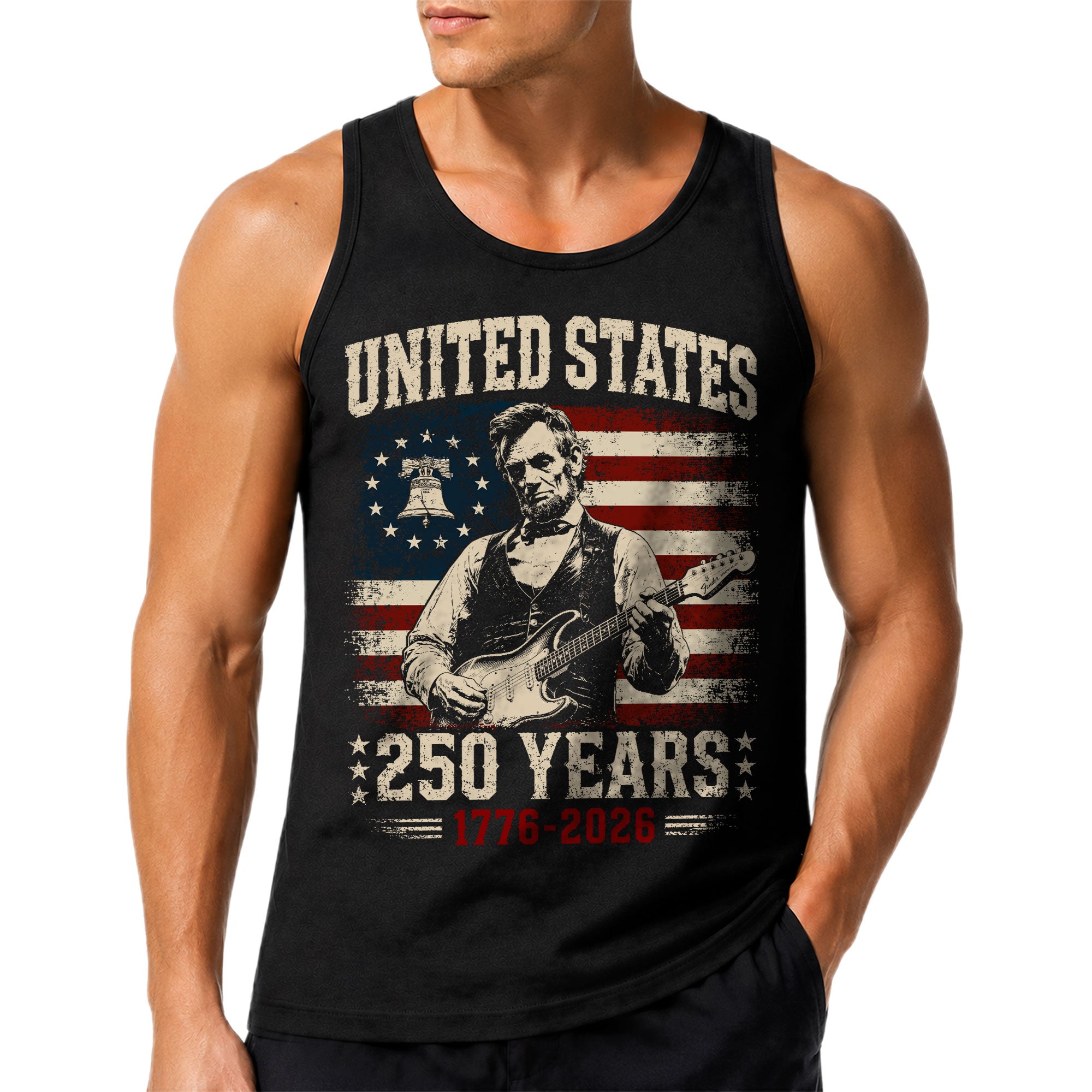 Lincoln Liberty Bell Guitar Tank Top 1776-2026 Patriotic Vintage Men Graphic Shirt