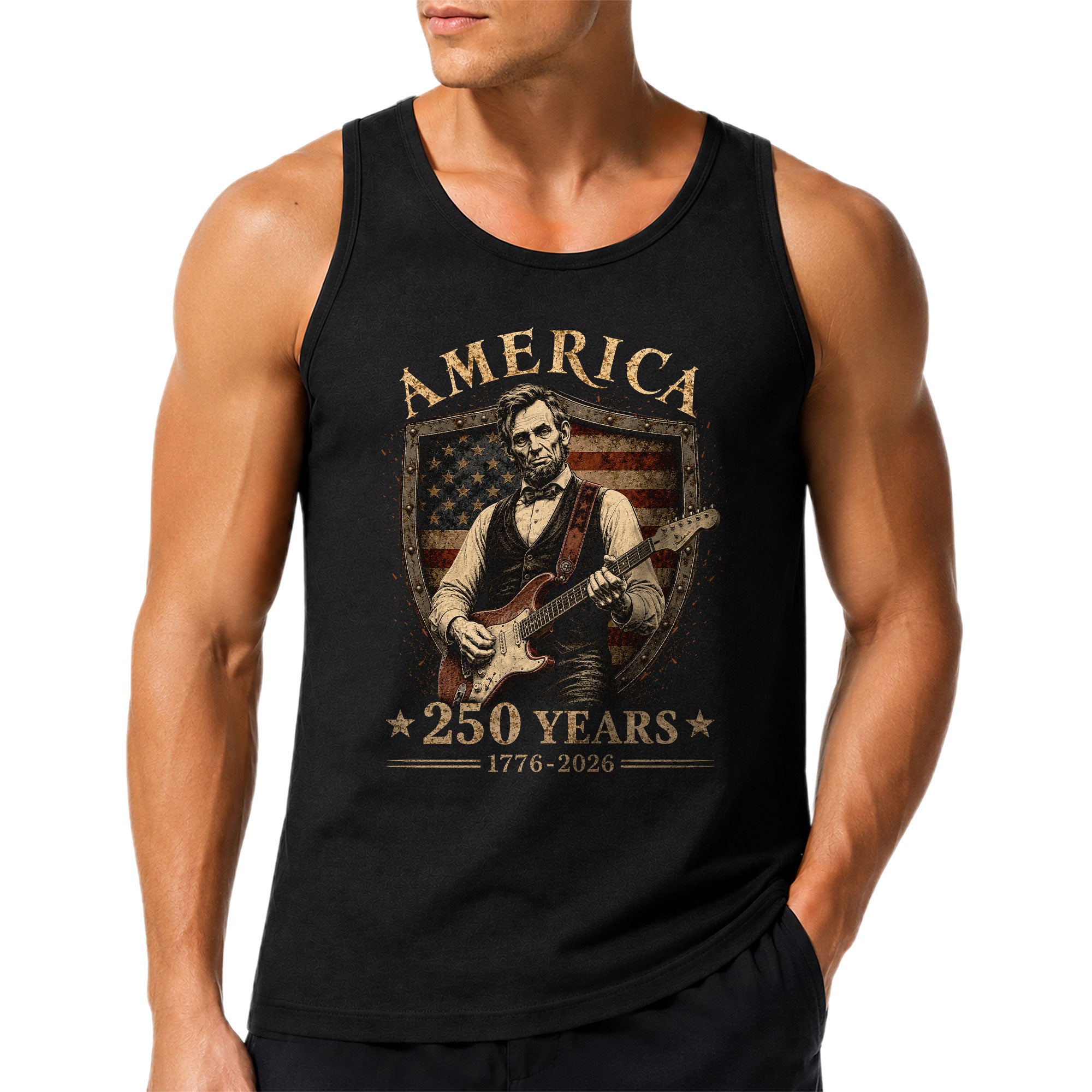 Lincoln Shield Guitar Tank Top 1776-2026 Patriotic Vintage Men Graphic Sleeveless Shirt