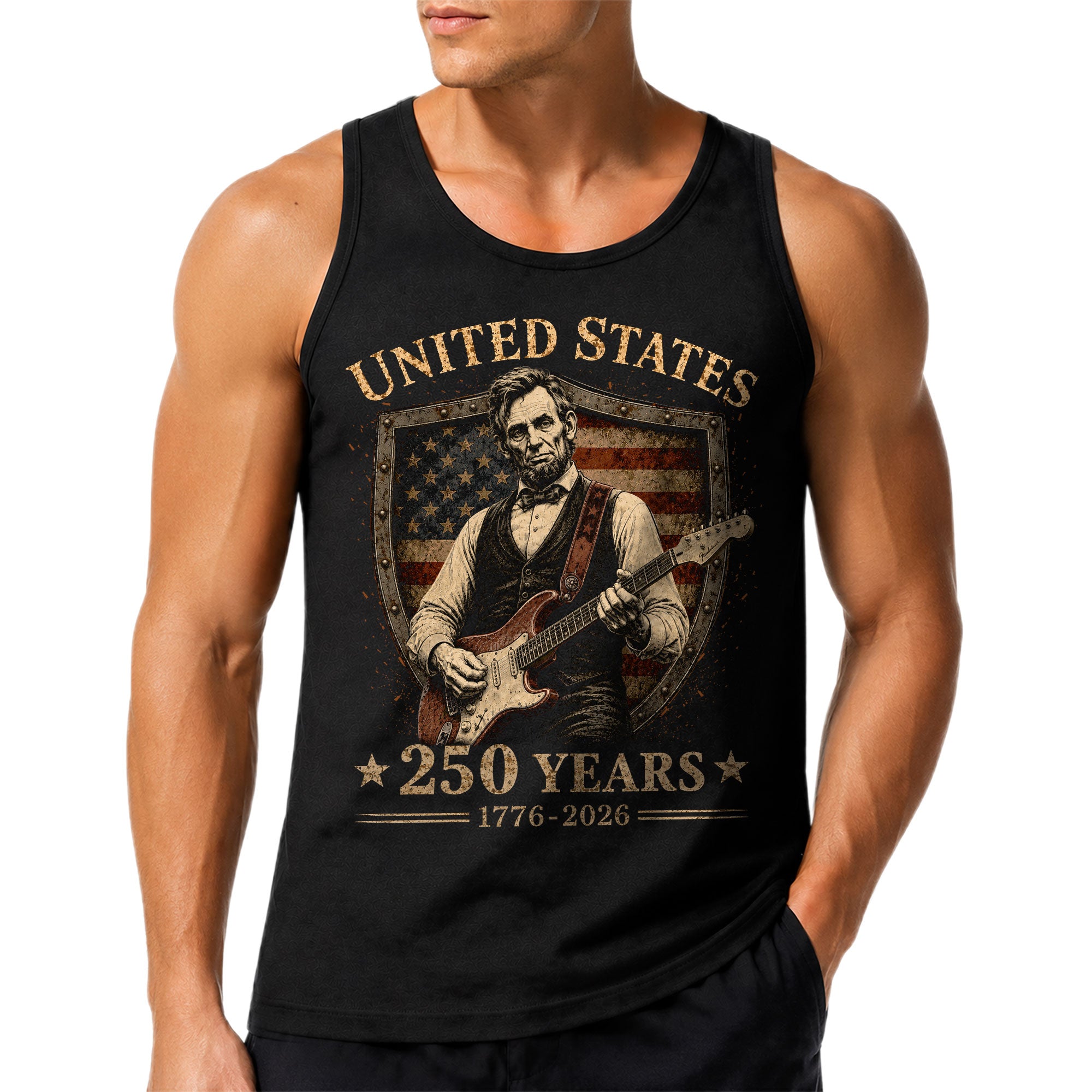 Lincoln Shield Guitar Tank Top 1776-2026 Patriotic Vintage Men Graphic Sleeveless Shirt