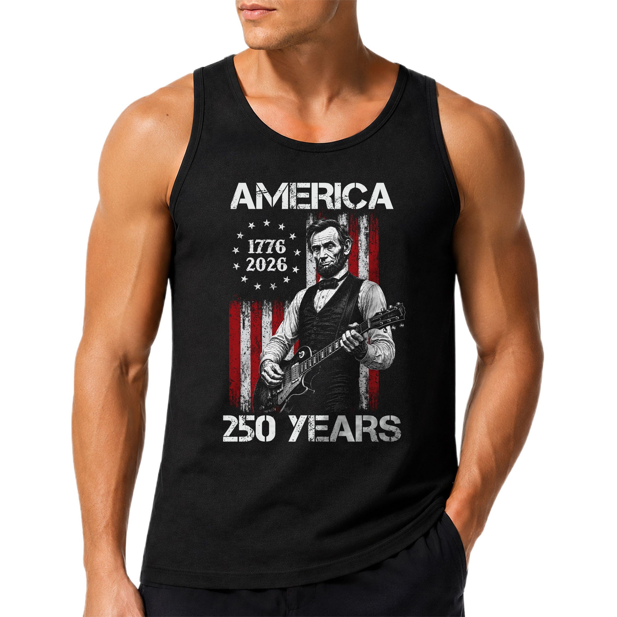 Rockstar Lincoln Guitar Tank Top 1776-2026 Patriotic Retro Men Graphic Sleeveless Shirt