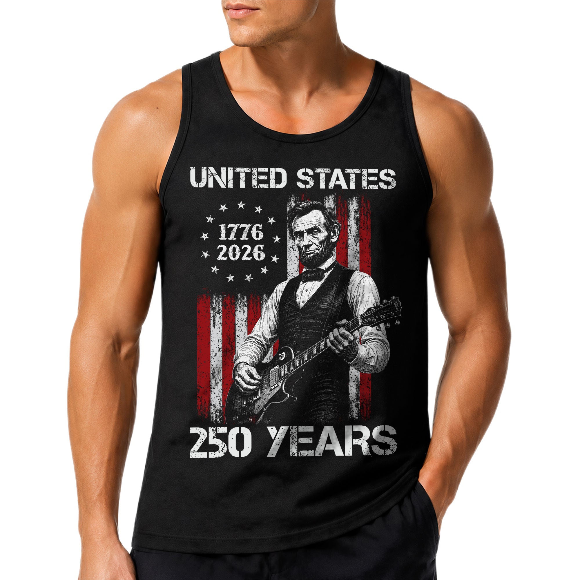 Rockstar Lincoln Guitar Tank Top 1776-2026 Patriotic Retro Men Graphic Sleeveless Shirt