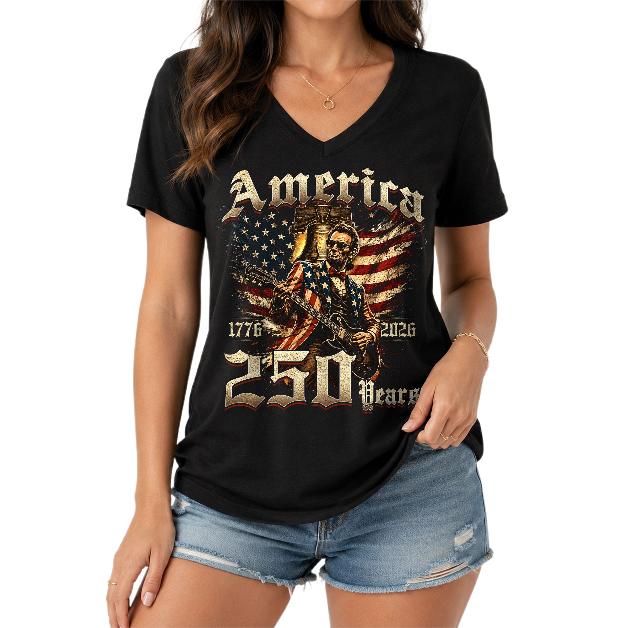 Lincoln Guitar V Neck Women T-Shirt Retro Aesthetic Patriotic 1776-2026 America 250 Years
